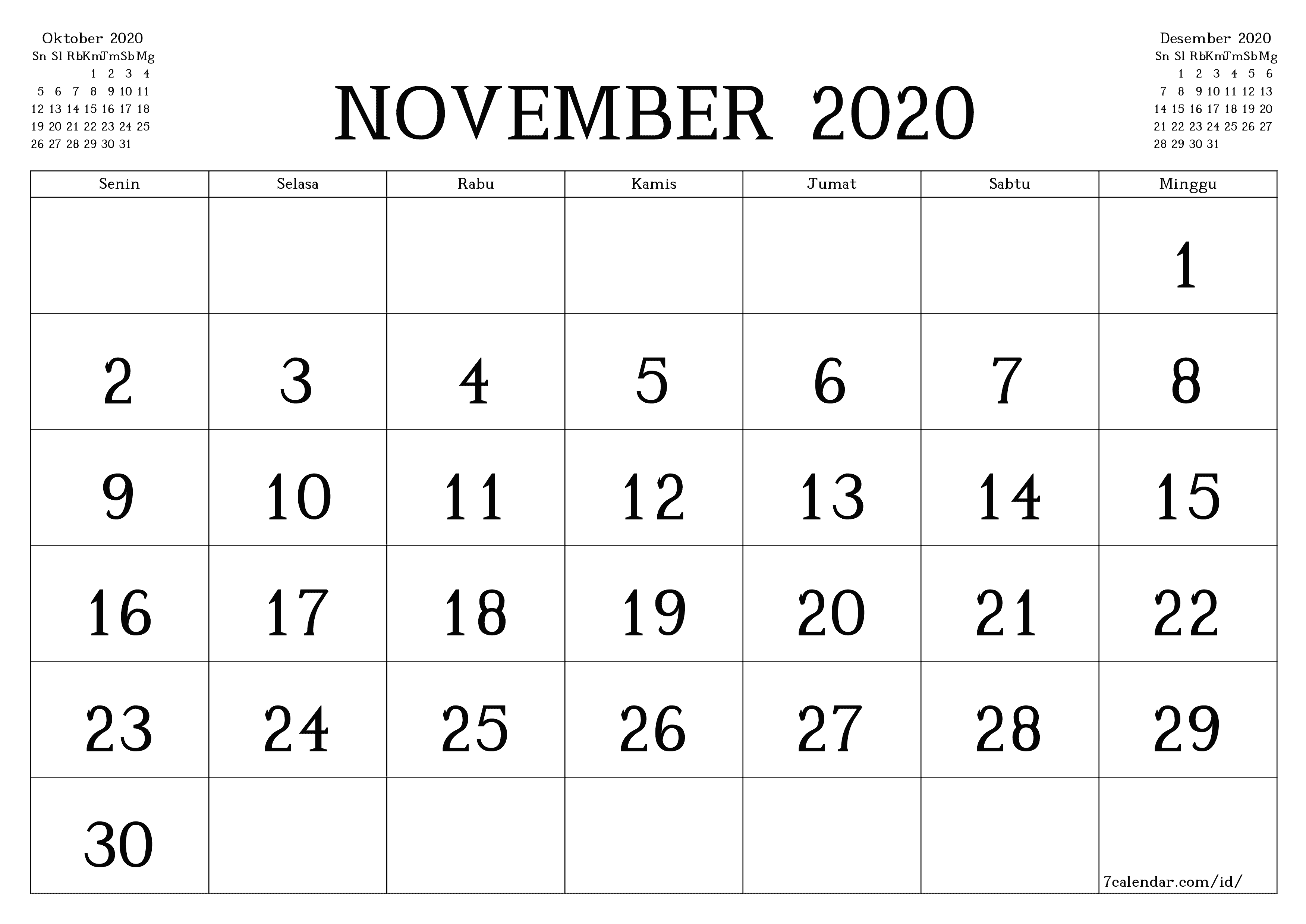  yang dapat dicetak dinding templat gratishorisontal Bulanan kalender November (Nov) 2020