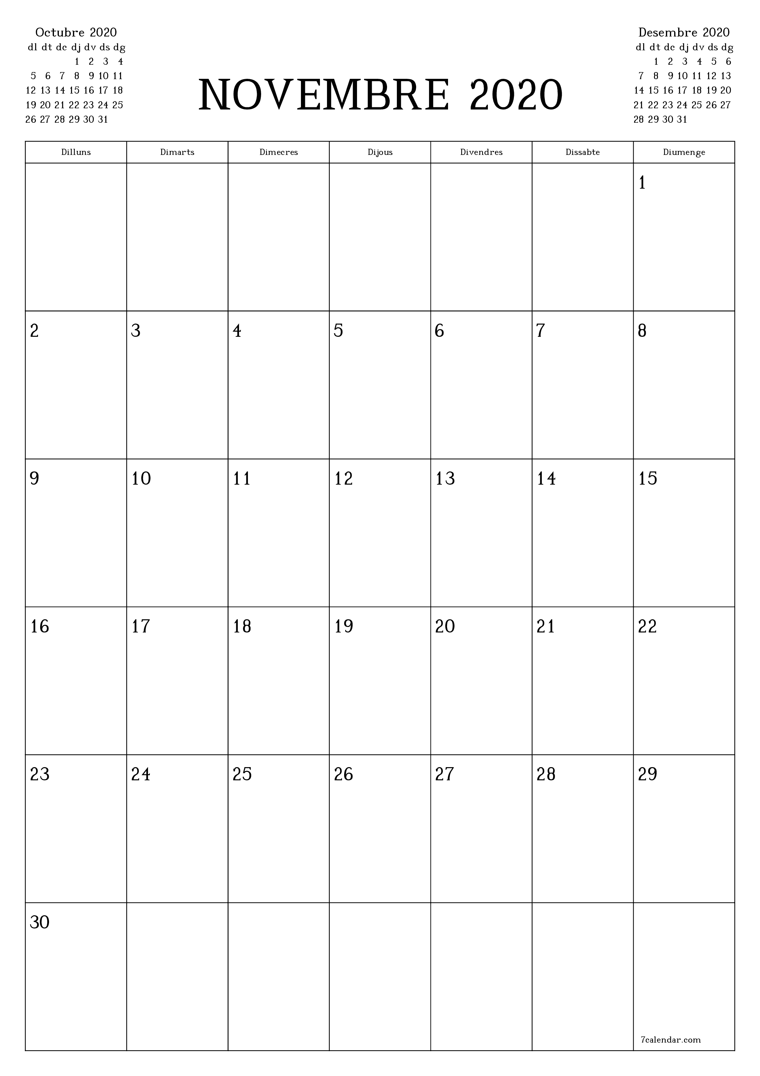 Planificador mensual buit del mes Novembre 2020 amb notes, deseu-lo i imprimiu-lo en format PDF PNG Catalan