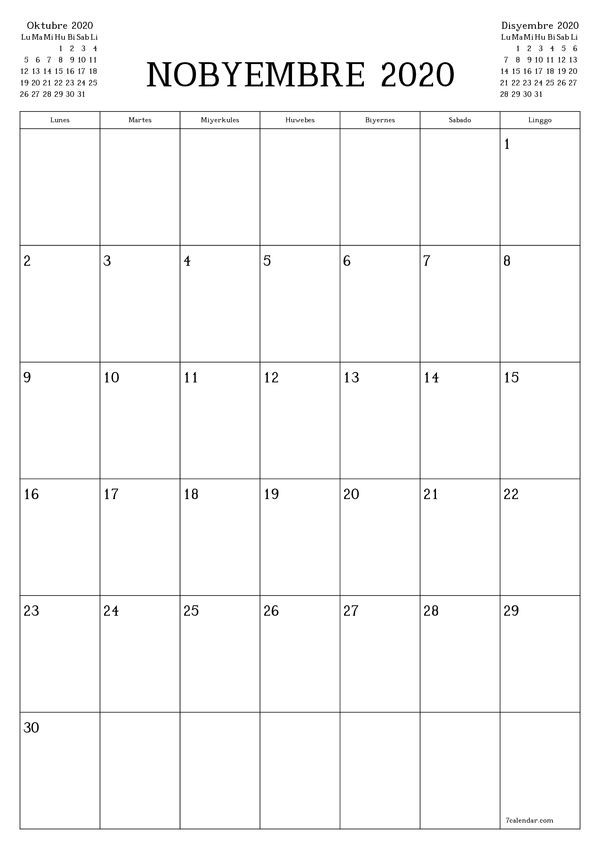 napi-print na sa dingding template ng libreng patayo Buwanang tagaplano kalendaryo Nobyembre (Nob) 2020