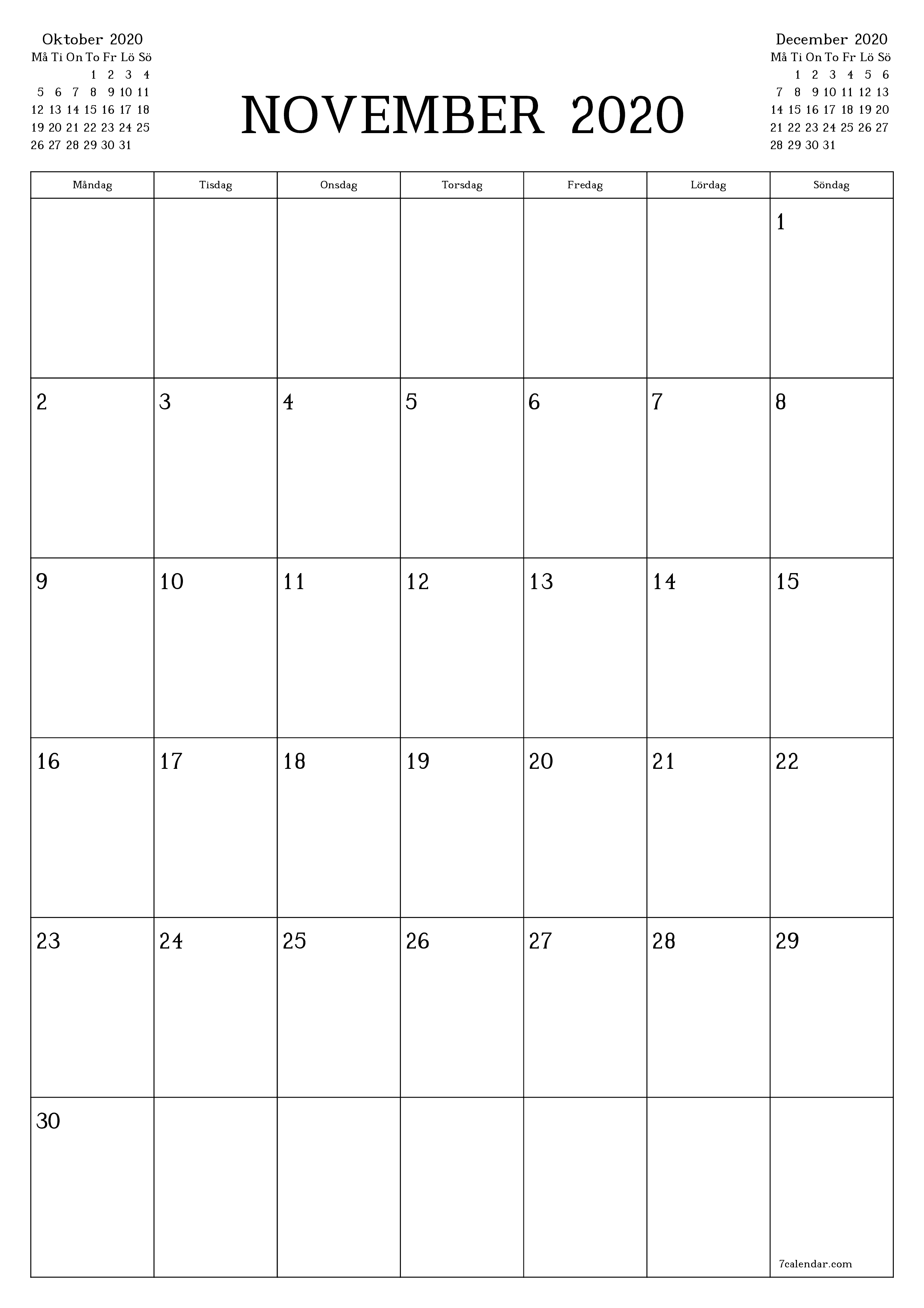 utskrivbar vägg mall gratis vertikal Månatlig planerare kalender November (Nov) 2020
