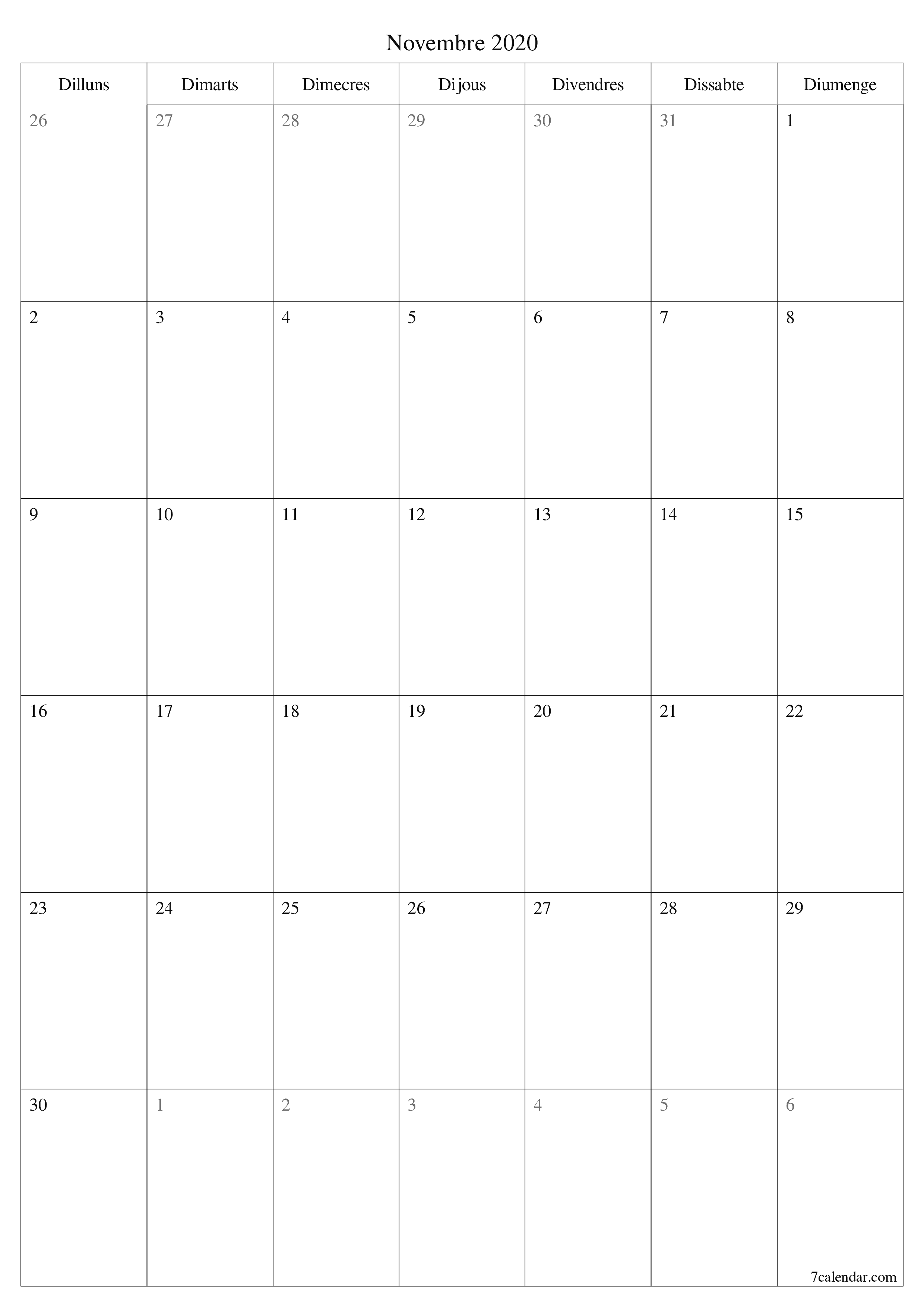 Planificador mensual buit del mes Novembre 2020 amb notes, deseu-lo i imprimiu-lo en format PDF PNG Catalan