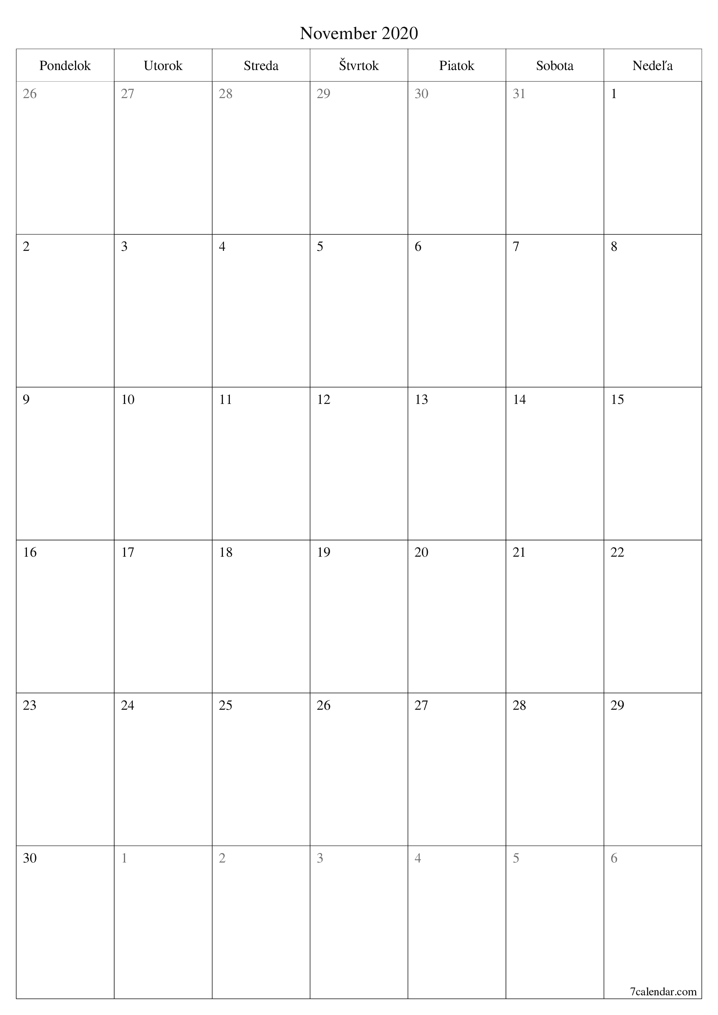 Prázdny mesačný plánovač na mesiac November 2020 s poznámkami, uloženie a tlač do PDF PNG Slovak