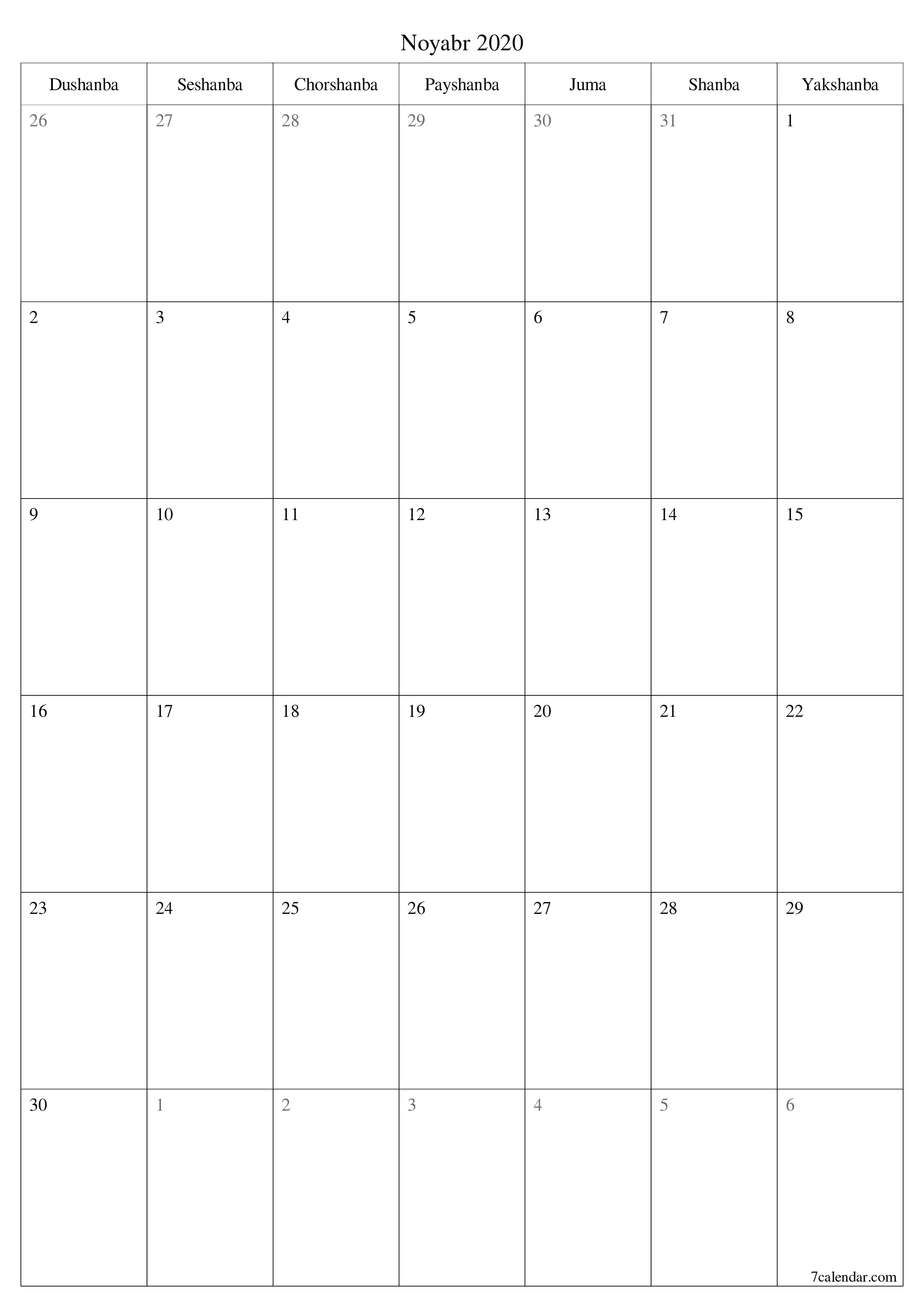 chop etiladigan devor taqvimi shabloni bepul vertikal Oylik rejalashtiruvchi kalendar Noyabr (Noy) 2020