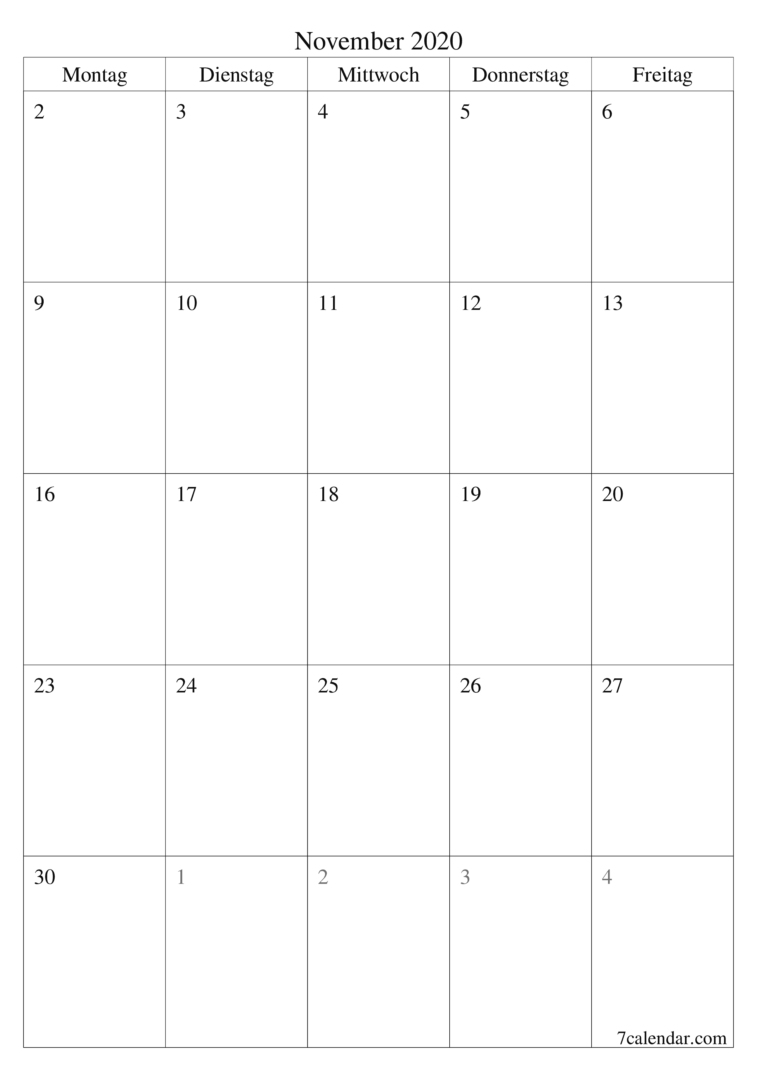  zum Ausdrucken Wandkalender vorlage kostenloser vertikal Monatlich Planer Kalender November (Nov) 2020