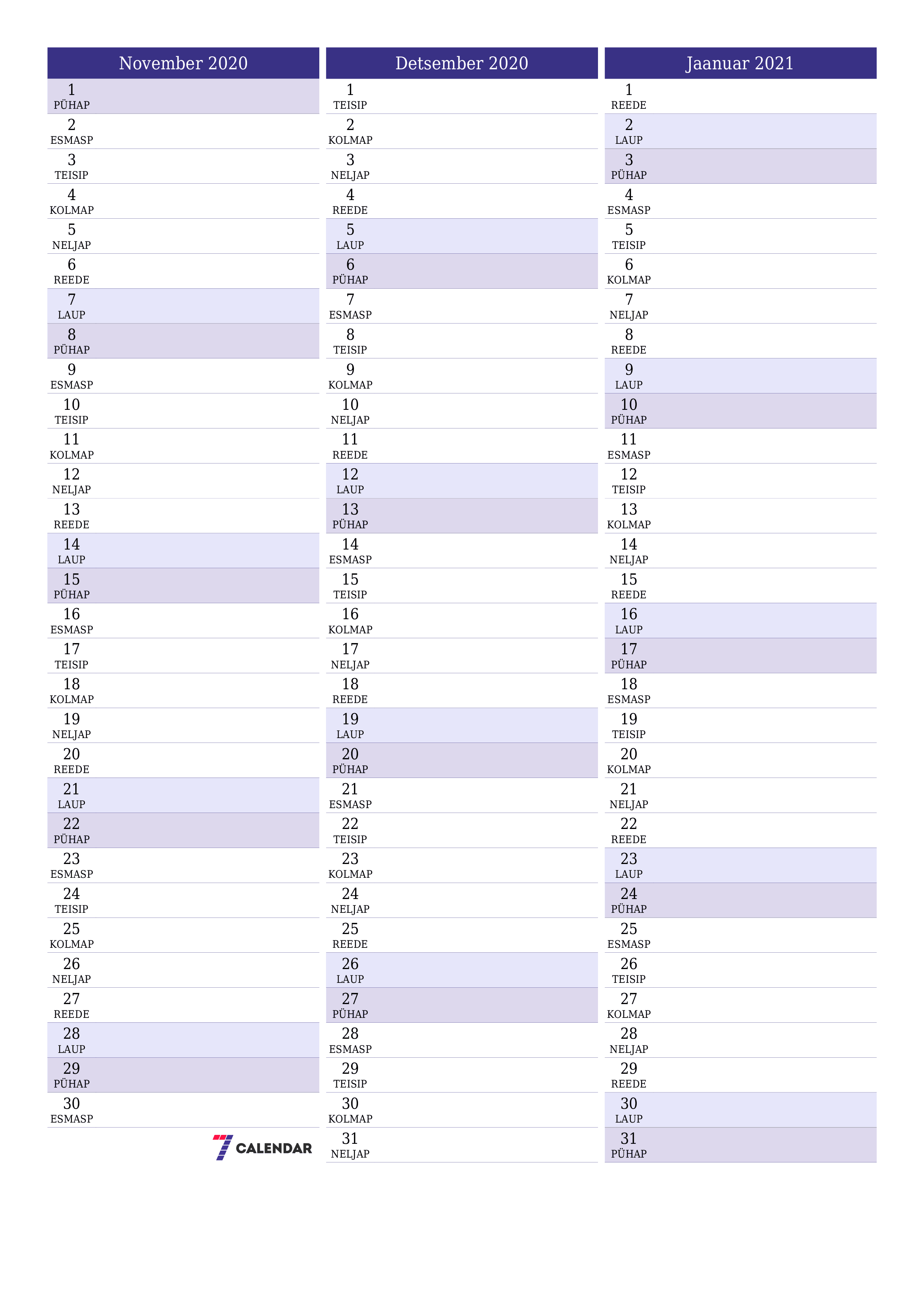 Tühjendage kuu November 2020 kuuplaneerija märkmetega, salvestage ja printige PDF-i PNG Estonian