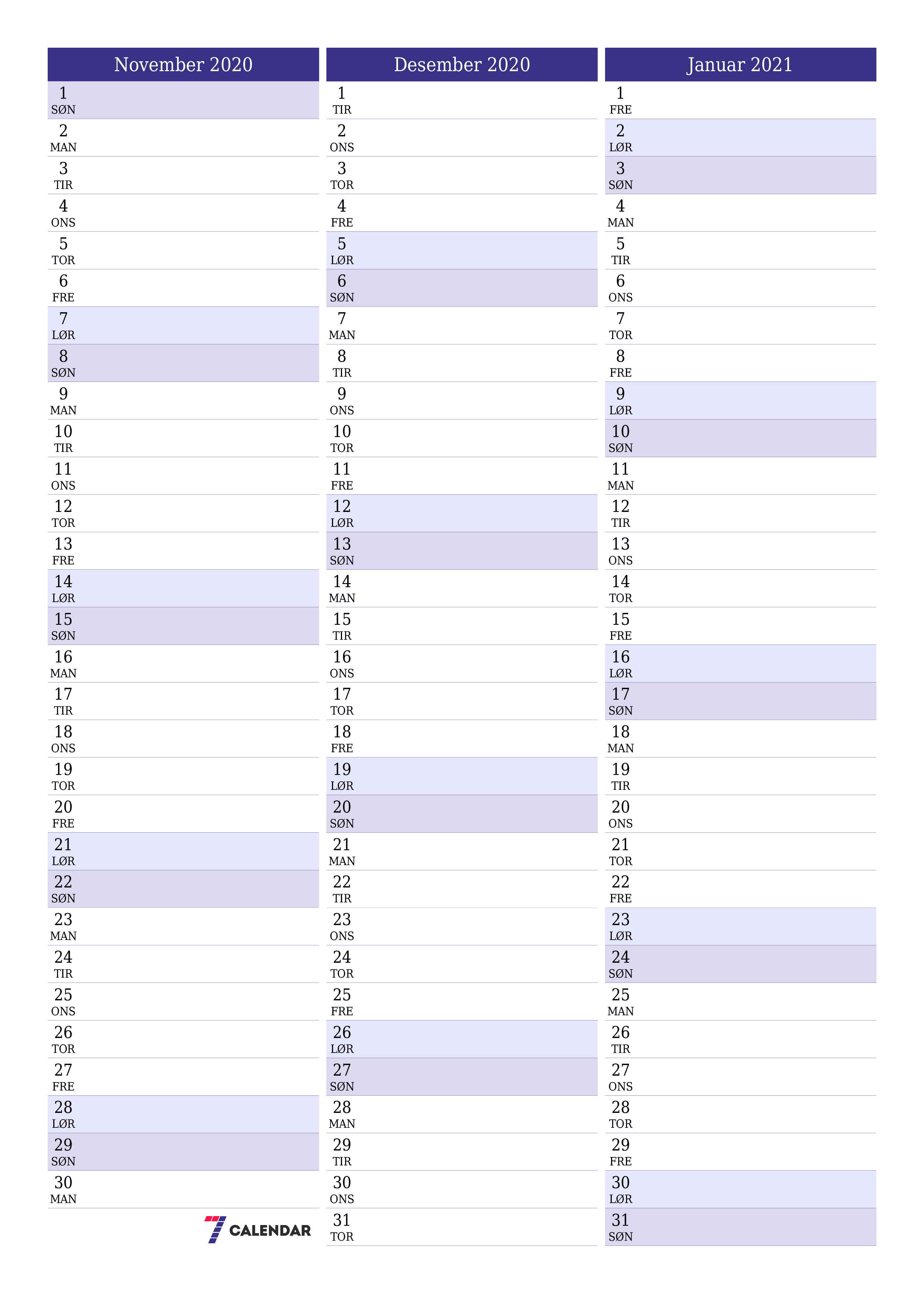 Tom månedlig planlegger for måned November 2020 med notater, lagre og skriv ut til PDF PNG Norwegian