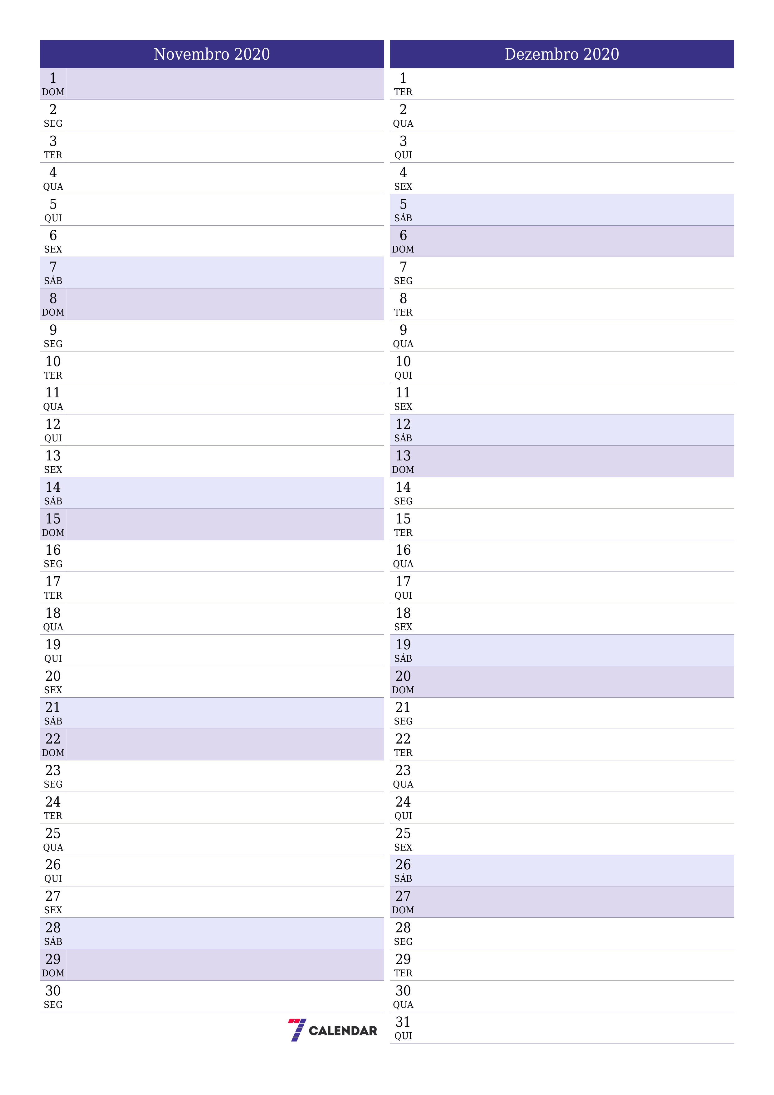 Esvazie o planejador mensal para o mês Novembro 2020 com notas, salve e imprima em PDF PNG Portuguese