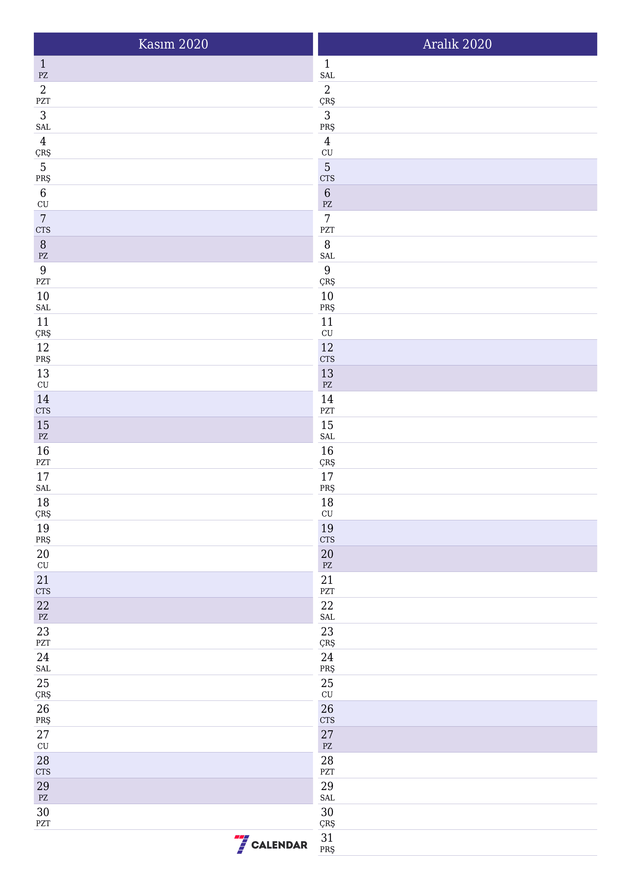 Kasım 2020 ayı için notlarla birlikte boş aylık planlayıcı, kaydedin ve PDF'ye yazdırın PNG Turkish