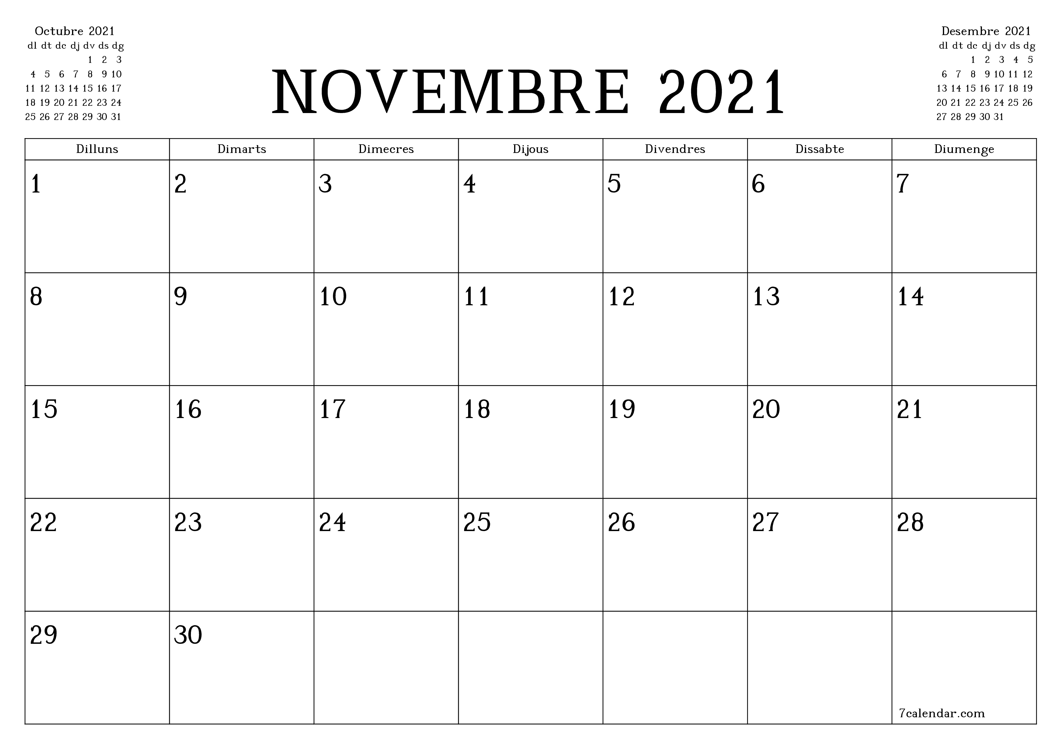 Planificador mensual buit del mes Novembre 2021 amb notes, deseu-lo i imprimiu-lo en format PDF PNG Catalan