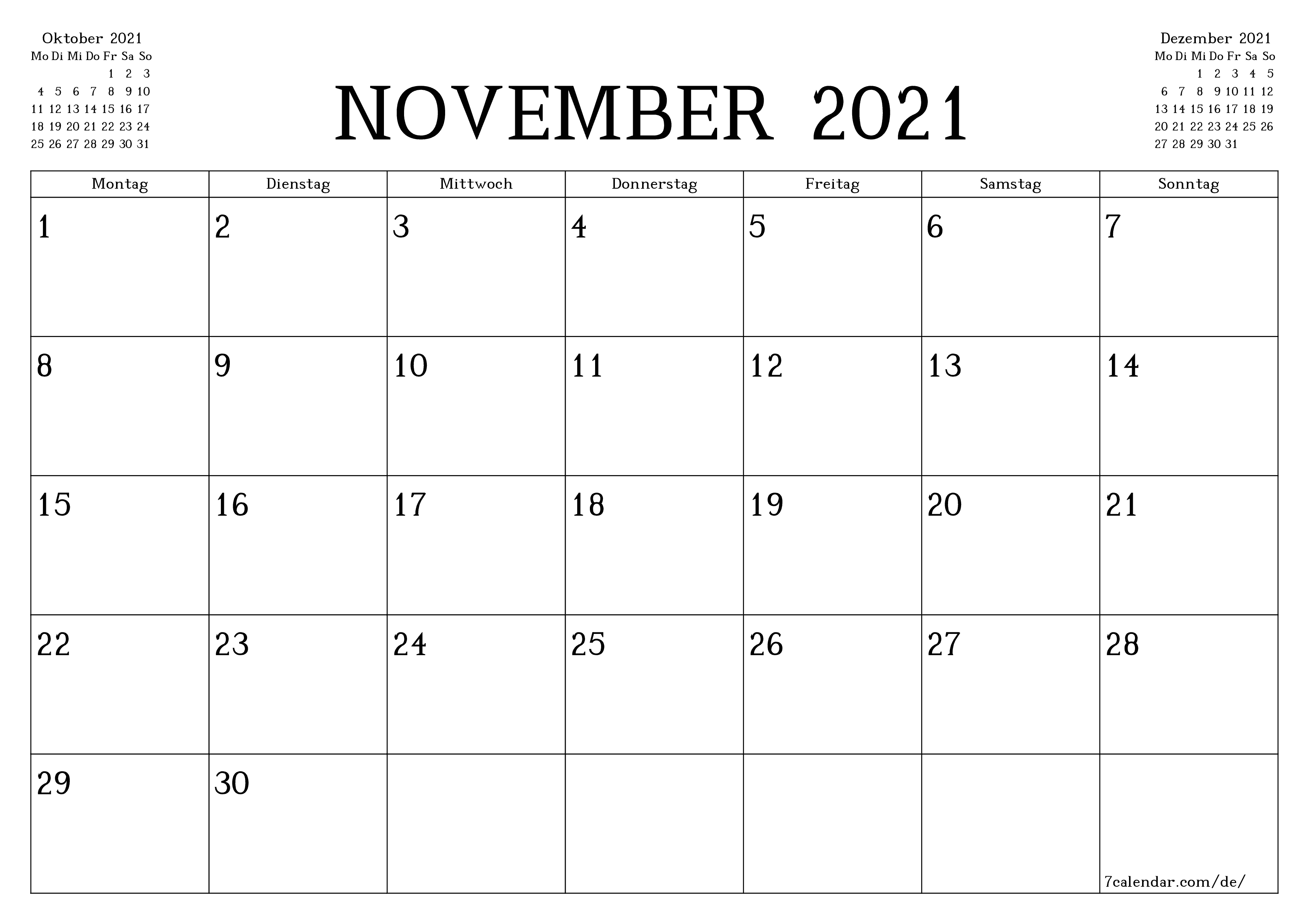 Monatsplaner für Monat November 2021 mit Notizen leeren, speichern und als PDF PNG German - 7calendar.com drucken