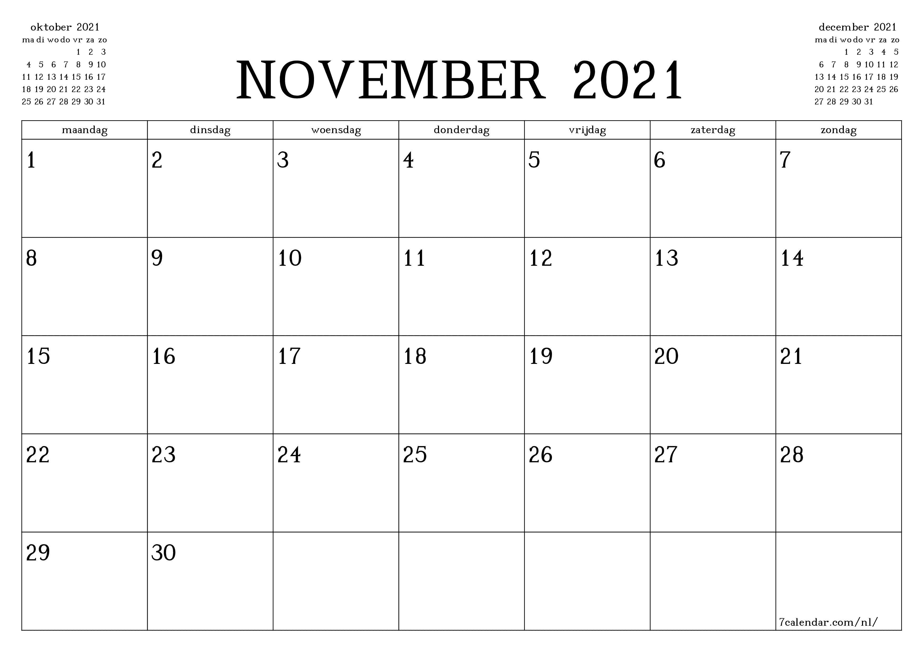 Lege maandplanner voor maand november 2021 met notities, opslaan en afdrukken naar pdf PNG Dutch