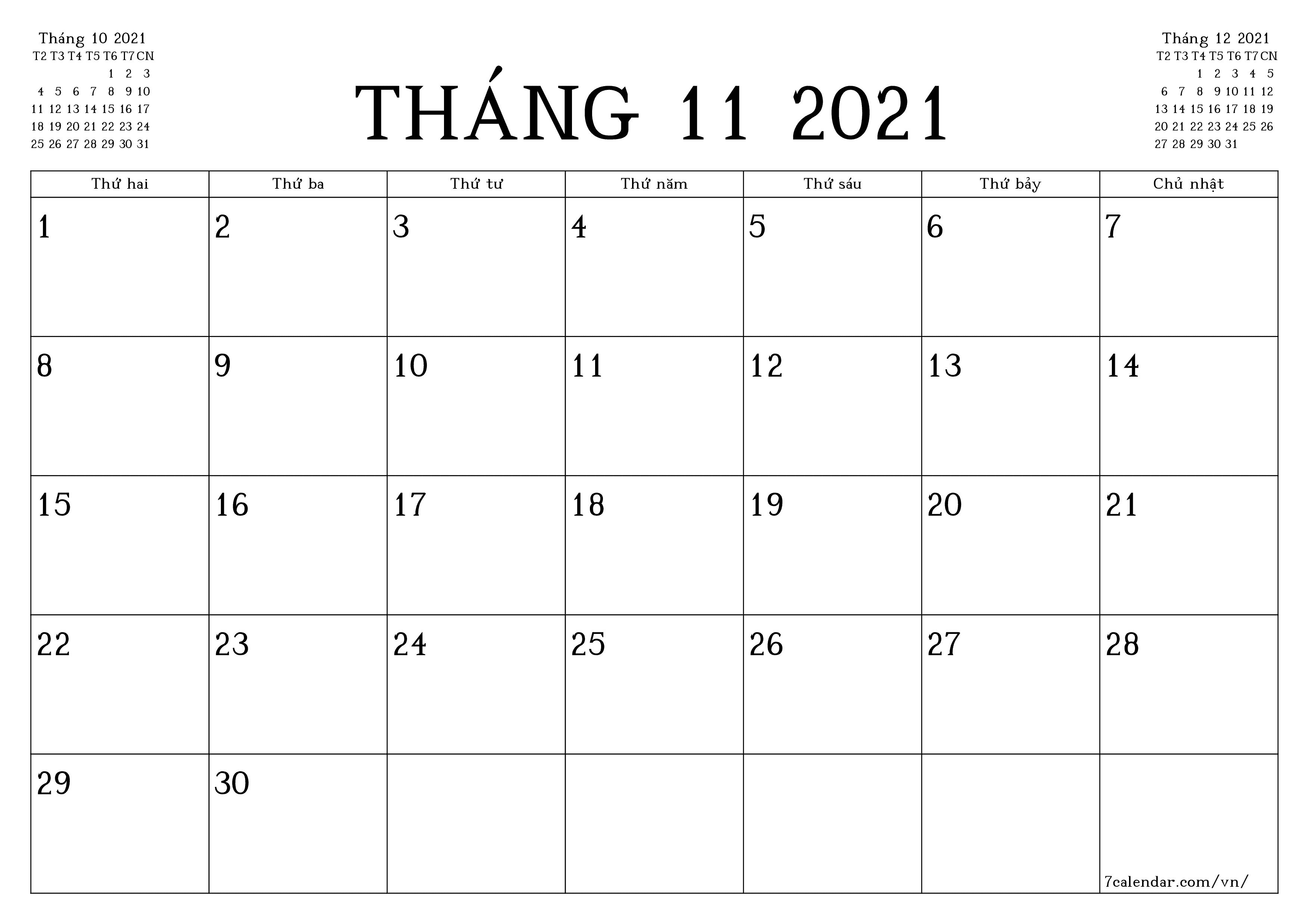 Công cụ lập kế hoạch hàng tháng trống cho tháng Tháng 11 2021 có ghi chú, lưu và in sang PDF PNG Vietnamese - 7calendar.com
