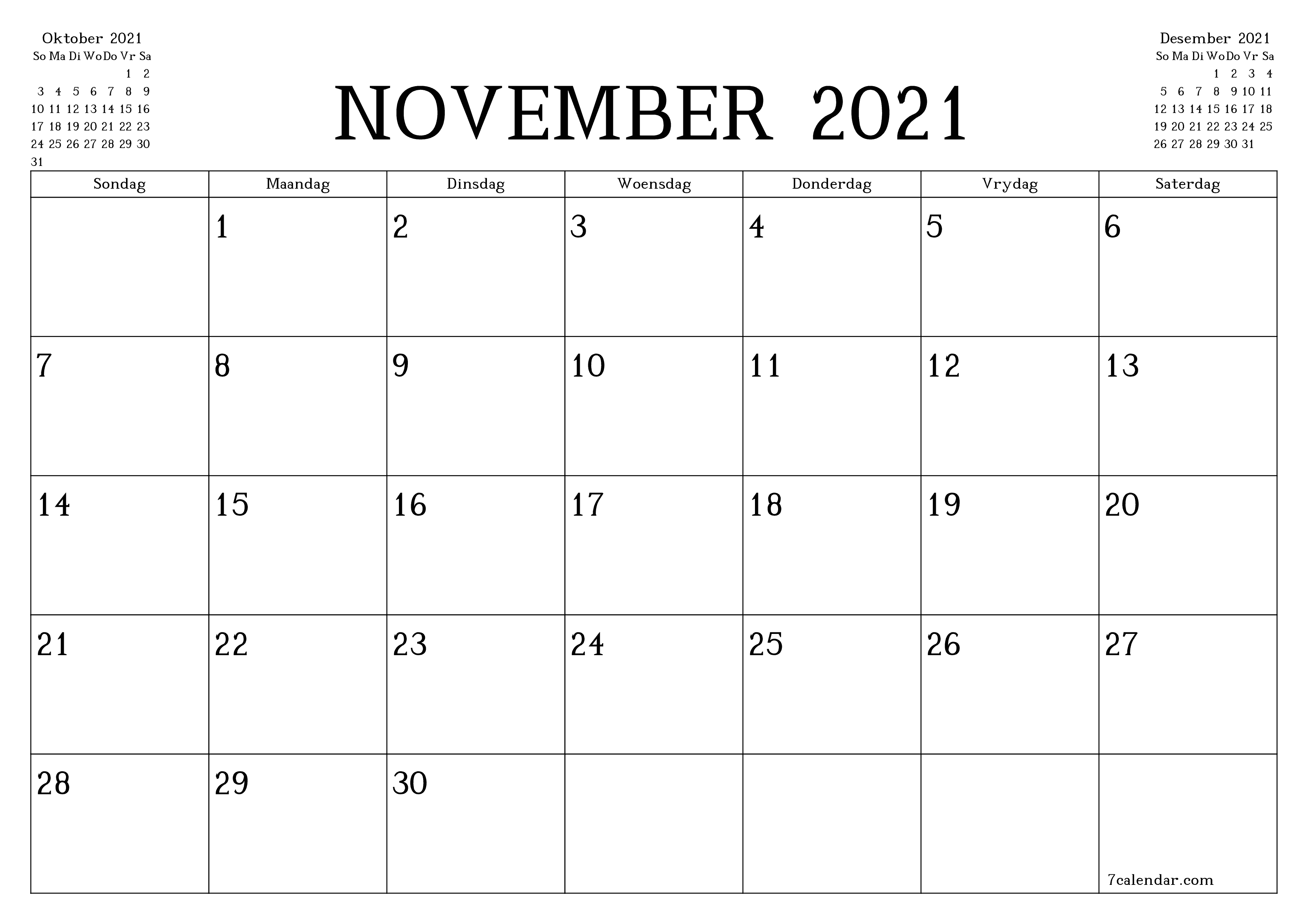 Leë maandelikse drukbare kalender en beplanner vir maand November 2021 met notas stoor en druk na PDF PNG Afrikaans