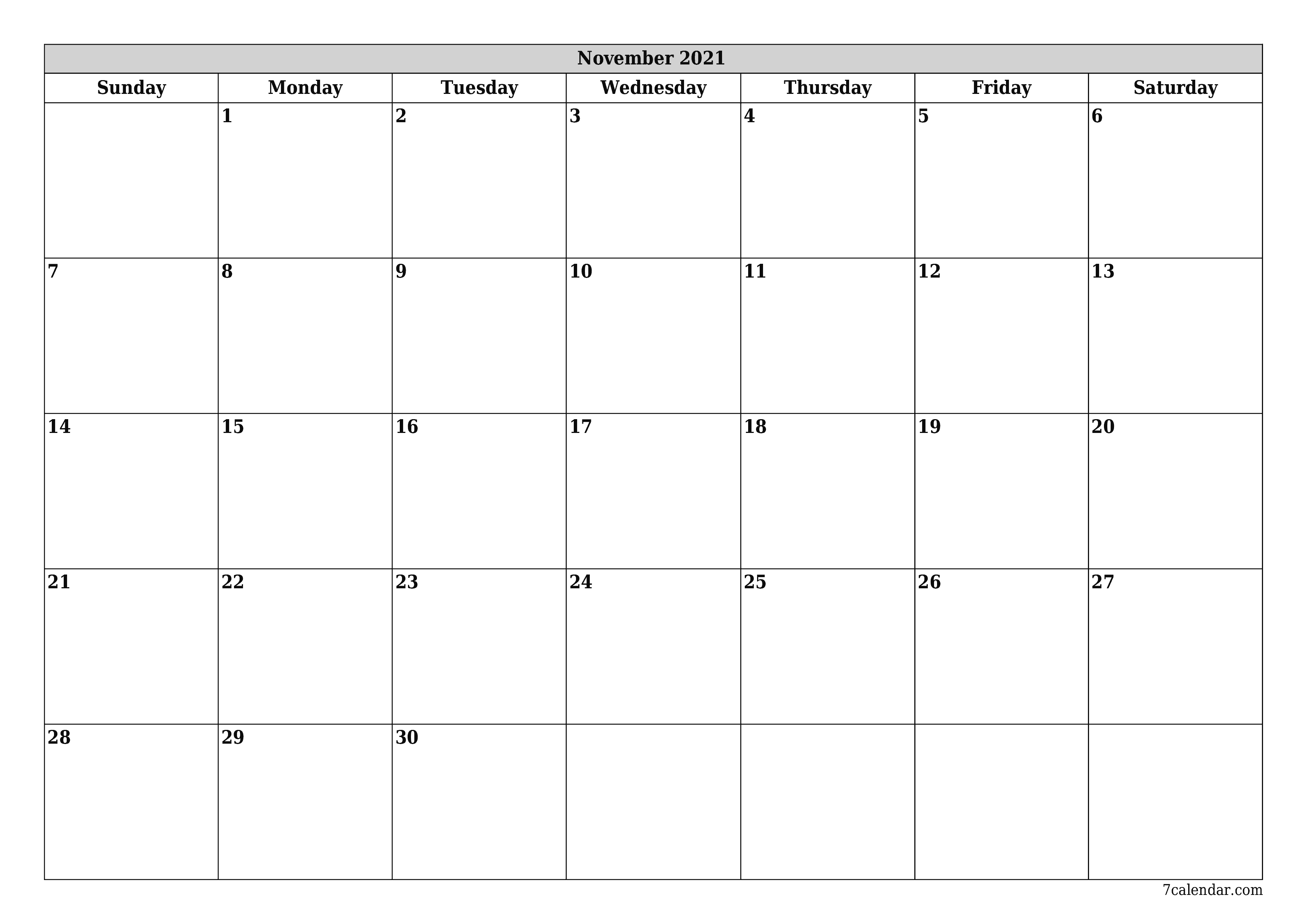 Blank monthly printable calendar and planner for month November 2021 with notes save and print to PDF PNG English