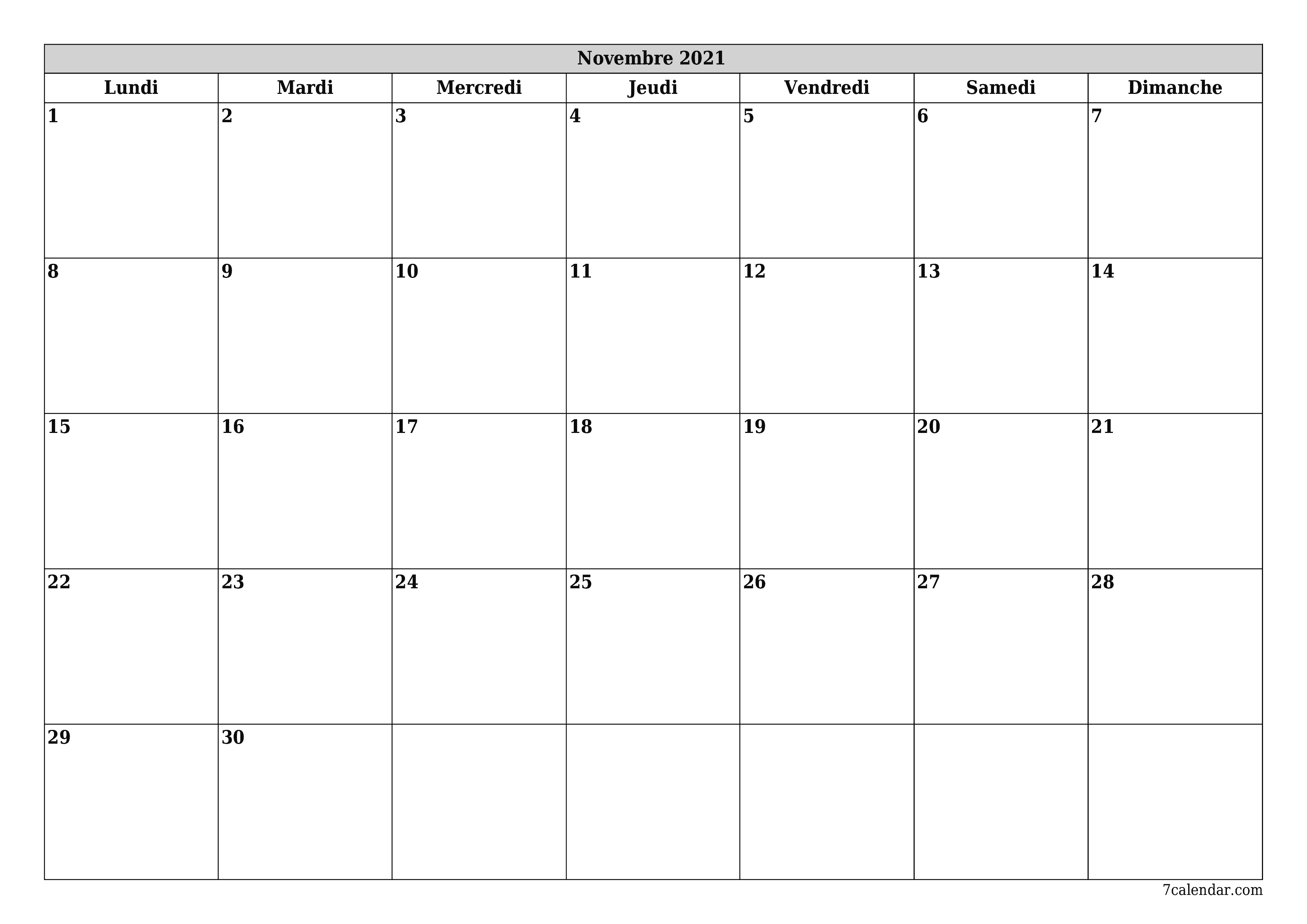Agenda mensuel vide pour le mois Novembre 2021 avec notes, enregistrez et imprimez au format PDF PNG French