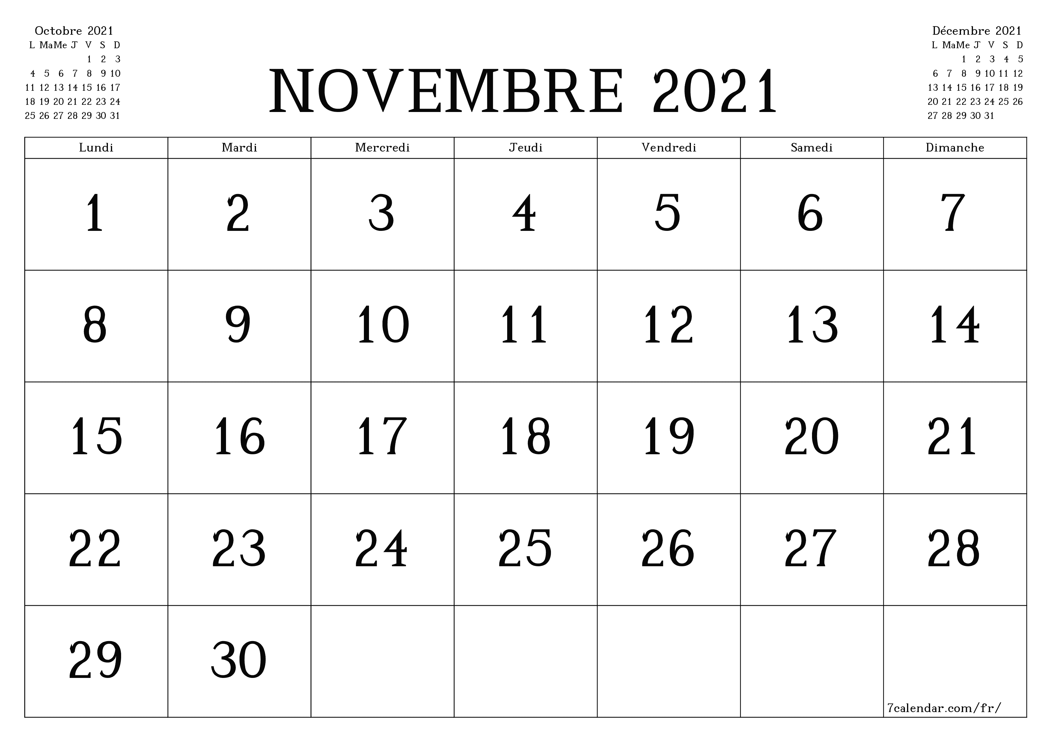 Agenda mensuel vide pour le mois Novembre 2021 avec notes, enregistrez et imprimez au format PDF PNG French