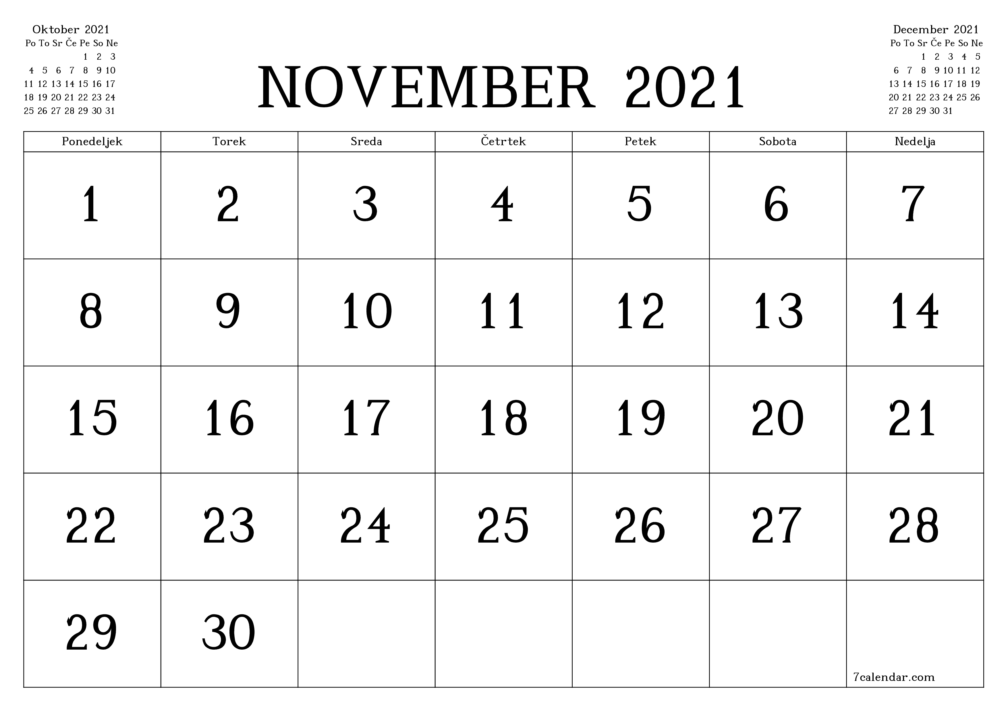 Prazen mesečni načrtovalec koledarja za mesec November 2021 z opombami, natisnjenimi v PDF PNG Slovenian