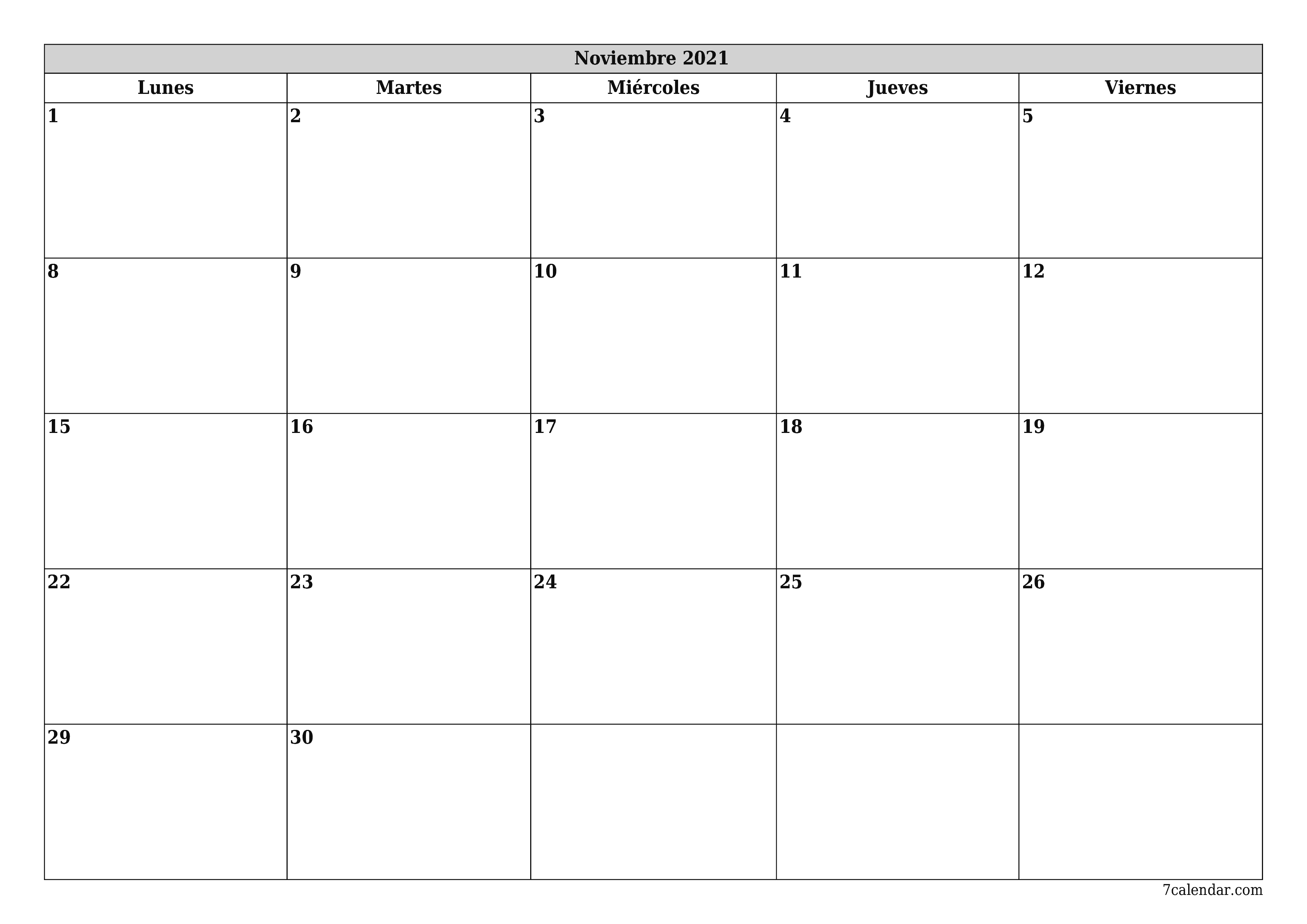 Planificador mensual vacío para el mes Noviembre 2021 con notas, guardar e imprimir en PDF PNG Spanish