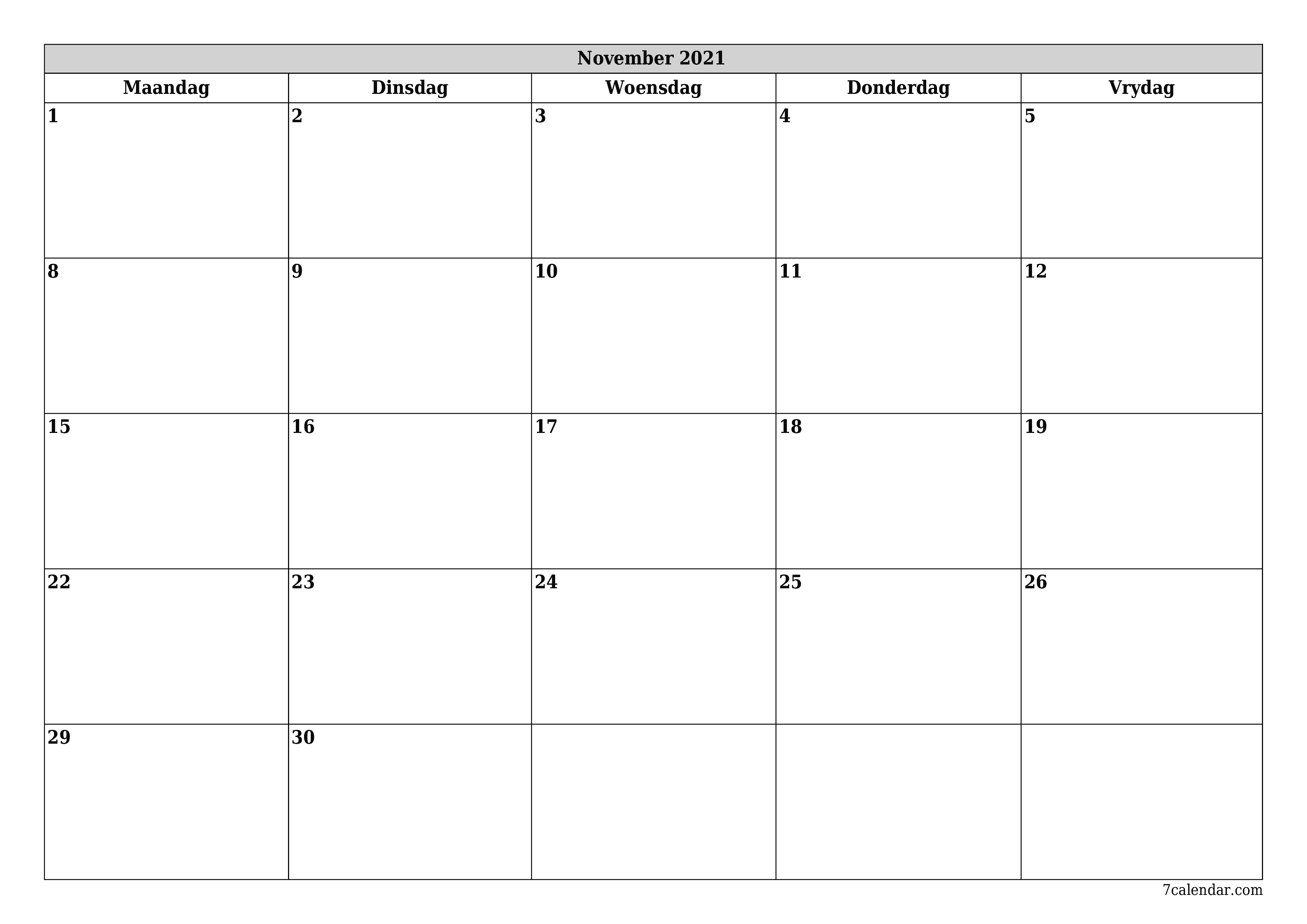 Leë maandelikse drukbare kalender en beplanner vir maand November 2021 met notas stoor en druk na PDF PNG Afrikaans
