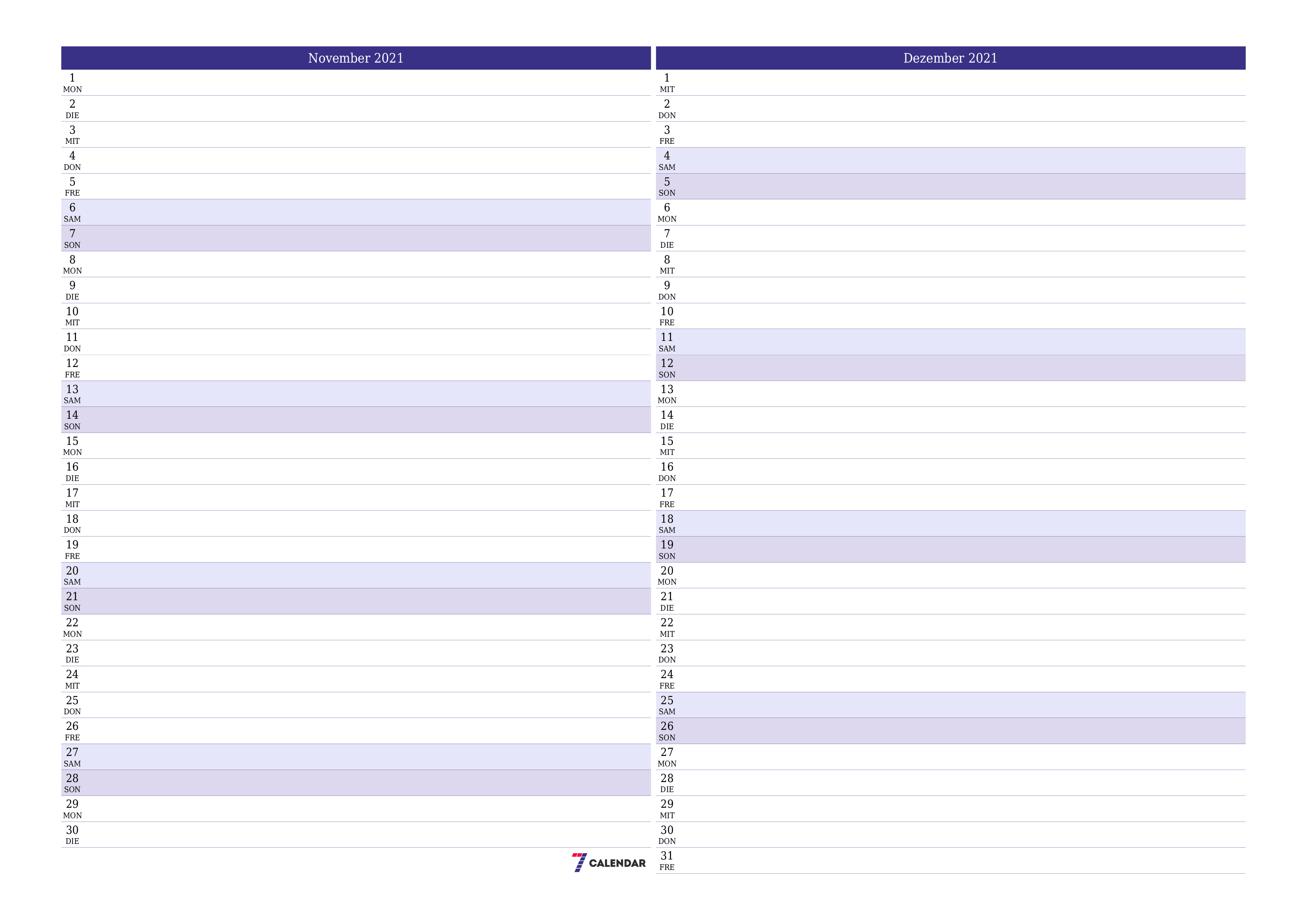  zum Ausdrucken Wandkalender vorlage kostenloser horizontal Monatlich Planer Kalender November (Nov) 2021