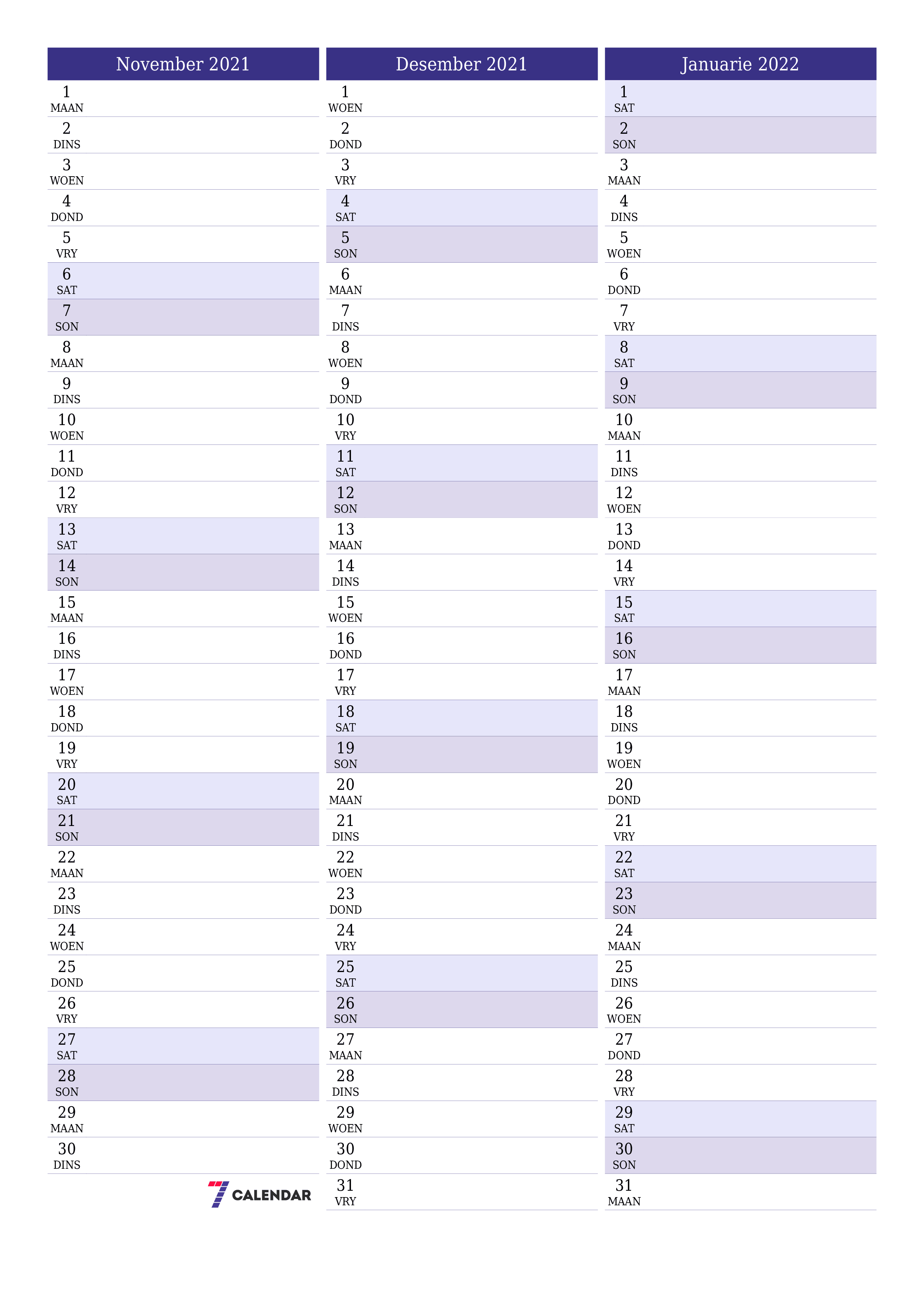 Leë maandelikse drukbare kalender en beplanner vir maand November 2021 met notas stoor en druk na PDF PNG Afrikaans