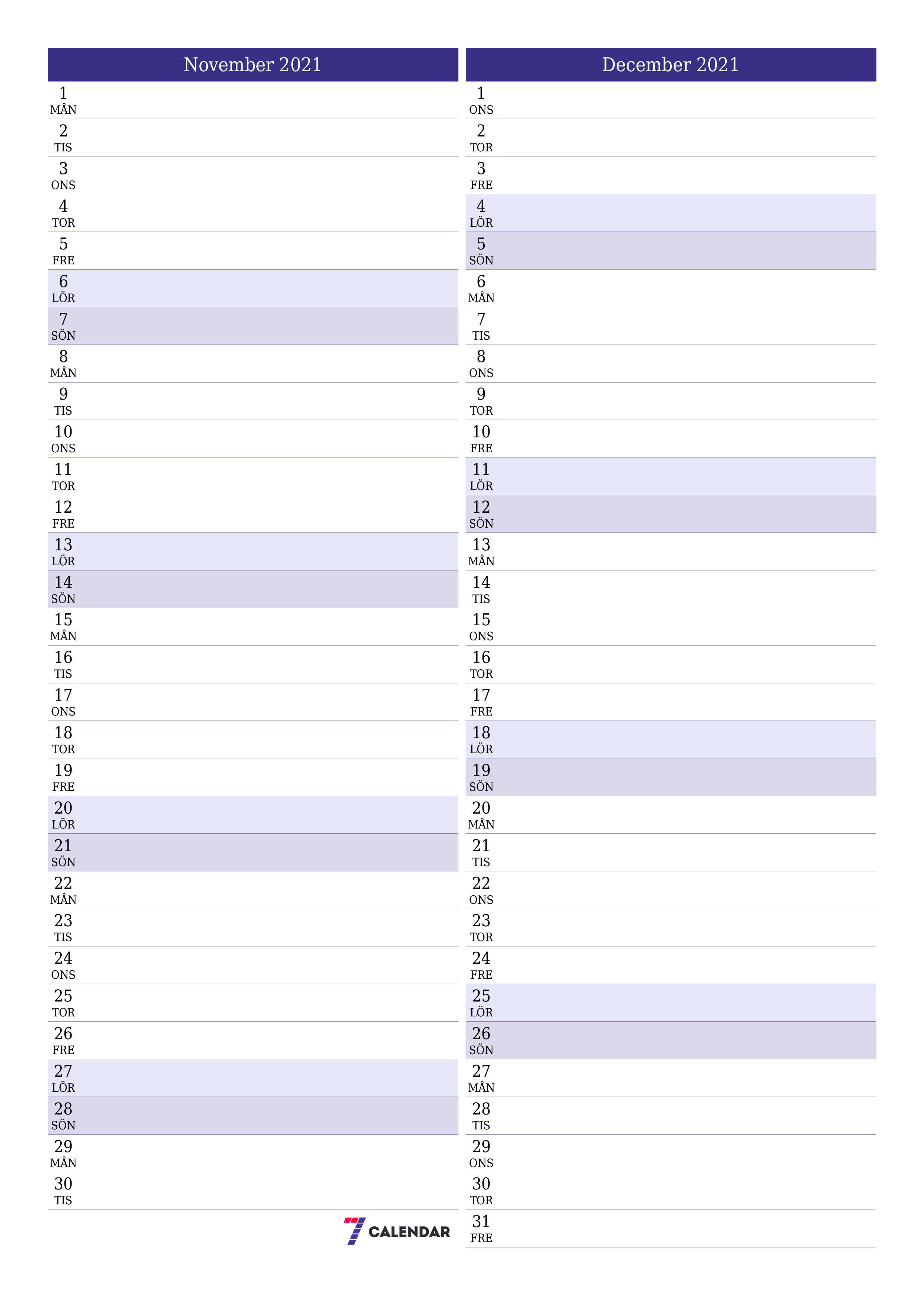 Tom månadsplanerare för månad November 2021 med anteckningar, spara och skriv ut till PDF PNG Swedish