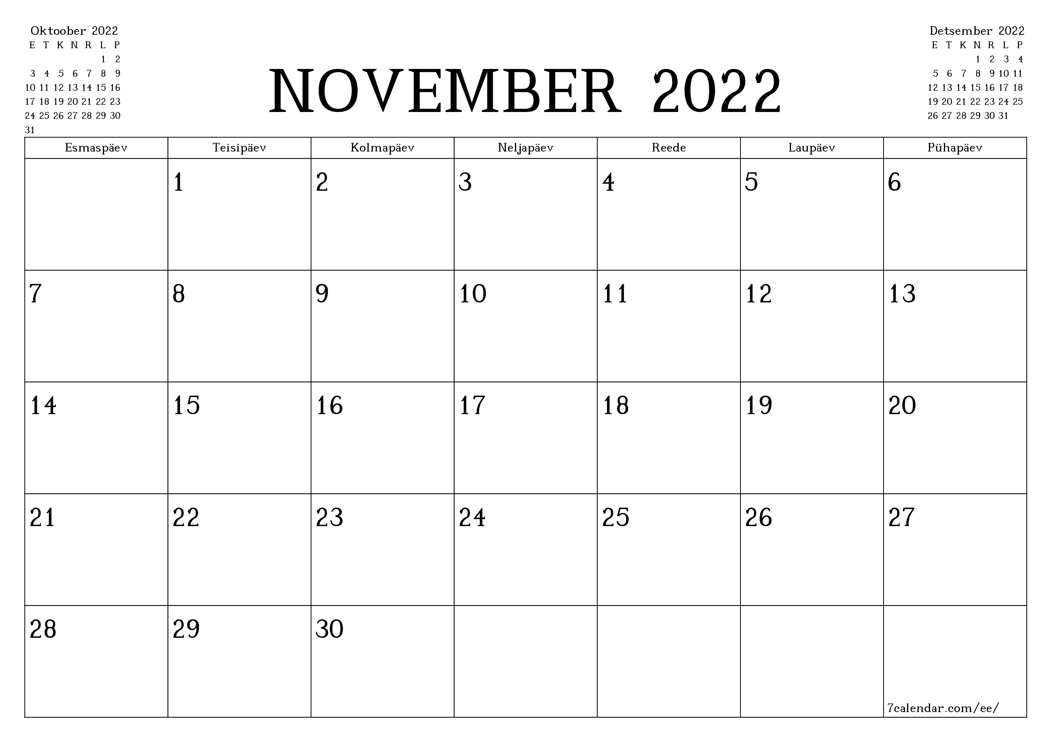 Tühjendage kuu November 2022 kuuplaneerija märkmetega, salvestage ja printige PDF-i PNG Estonian - 7calendar.com