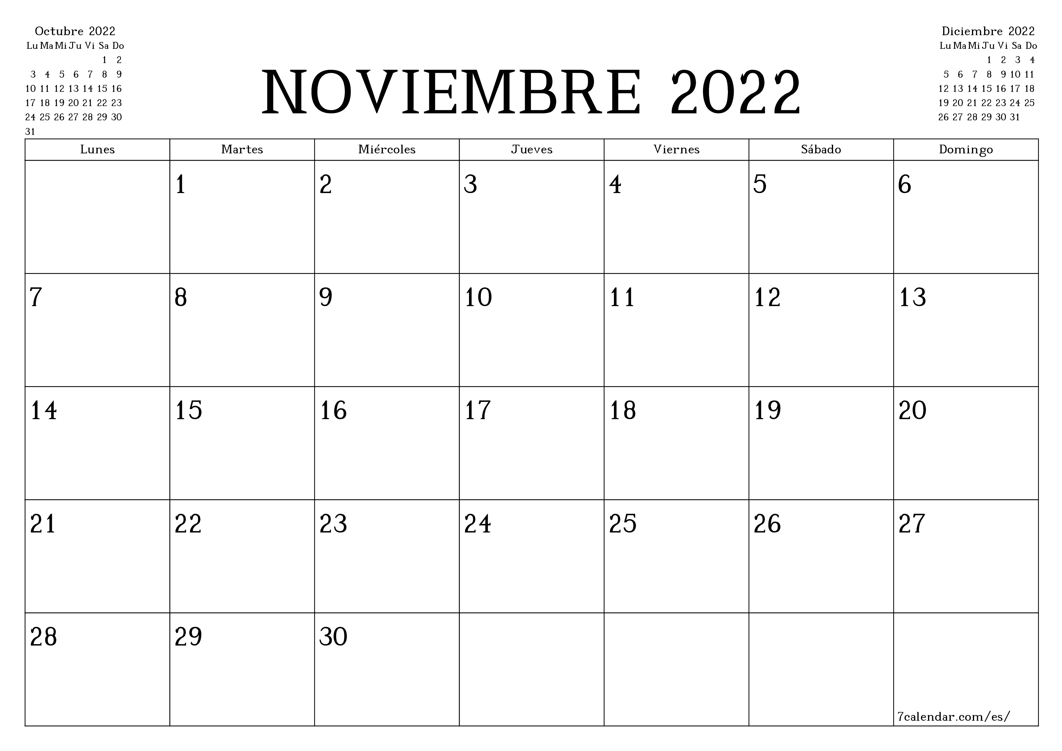 Planificador mensual vacío para el mes Noviembre 2022 con notas, guardar e imprimir en PDF PNG Spanish - 7calendar.com