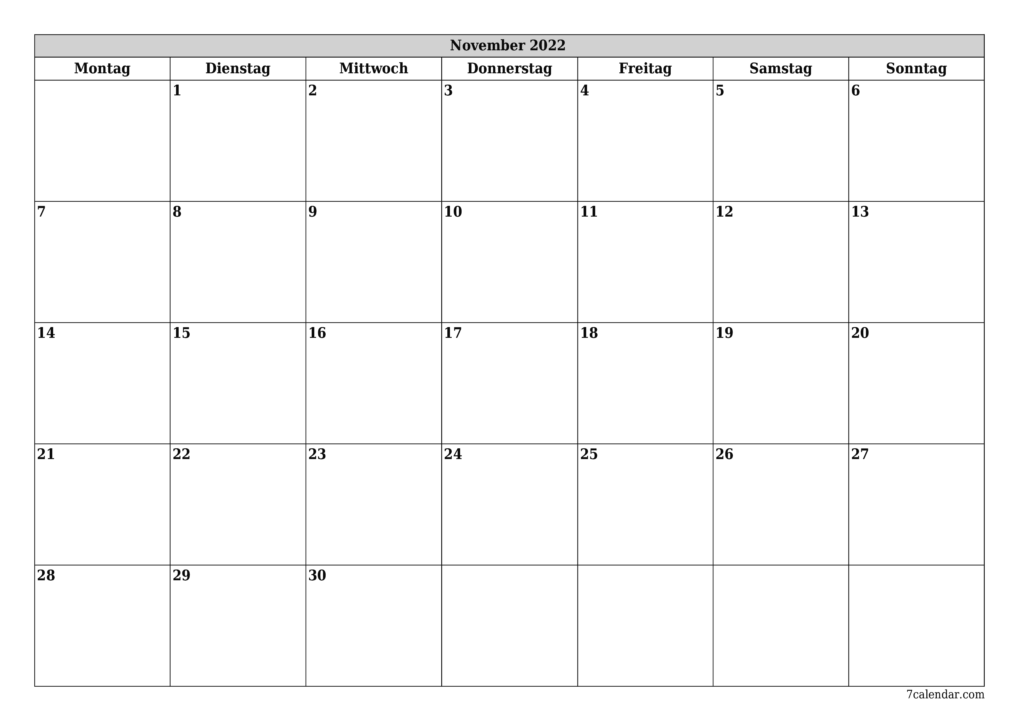  zum Ausdrucken Wandkalender vorlage kostenloser horizontal Monatlich Planer Kalender November (Nov) 2022