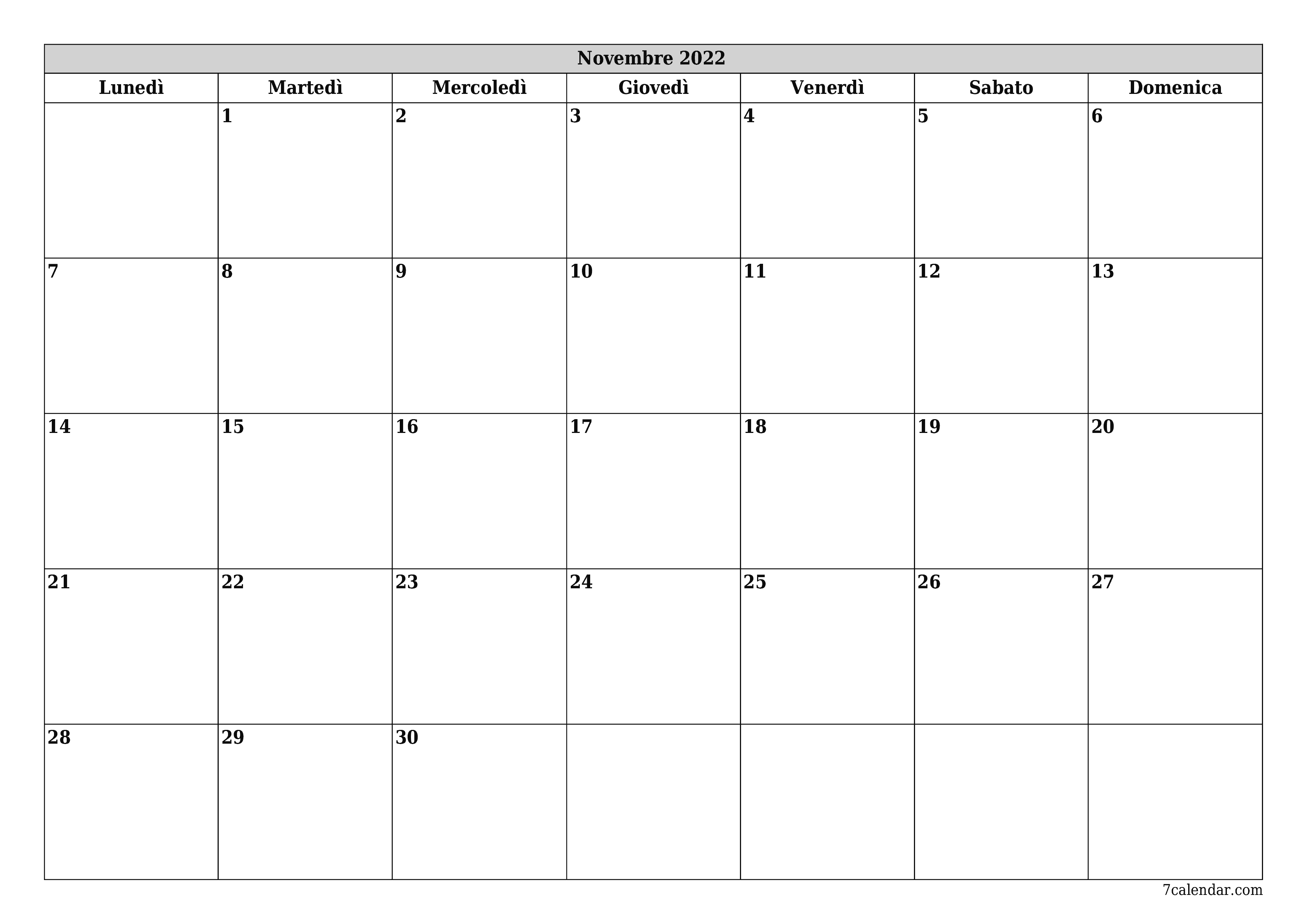  stampabile da parete modello di gratuitoorizzontale Mensile pianificatore calendario Novembre (Nov) 2022