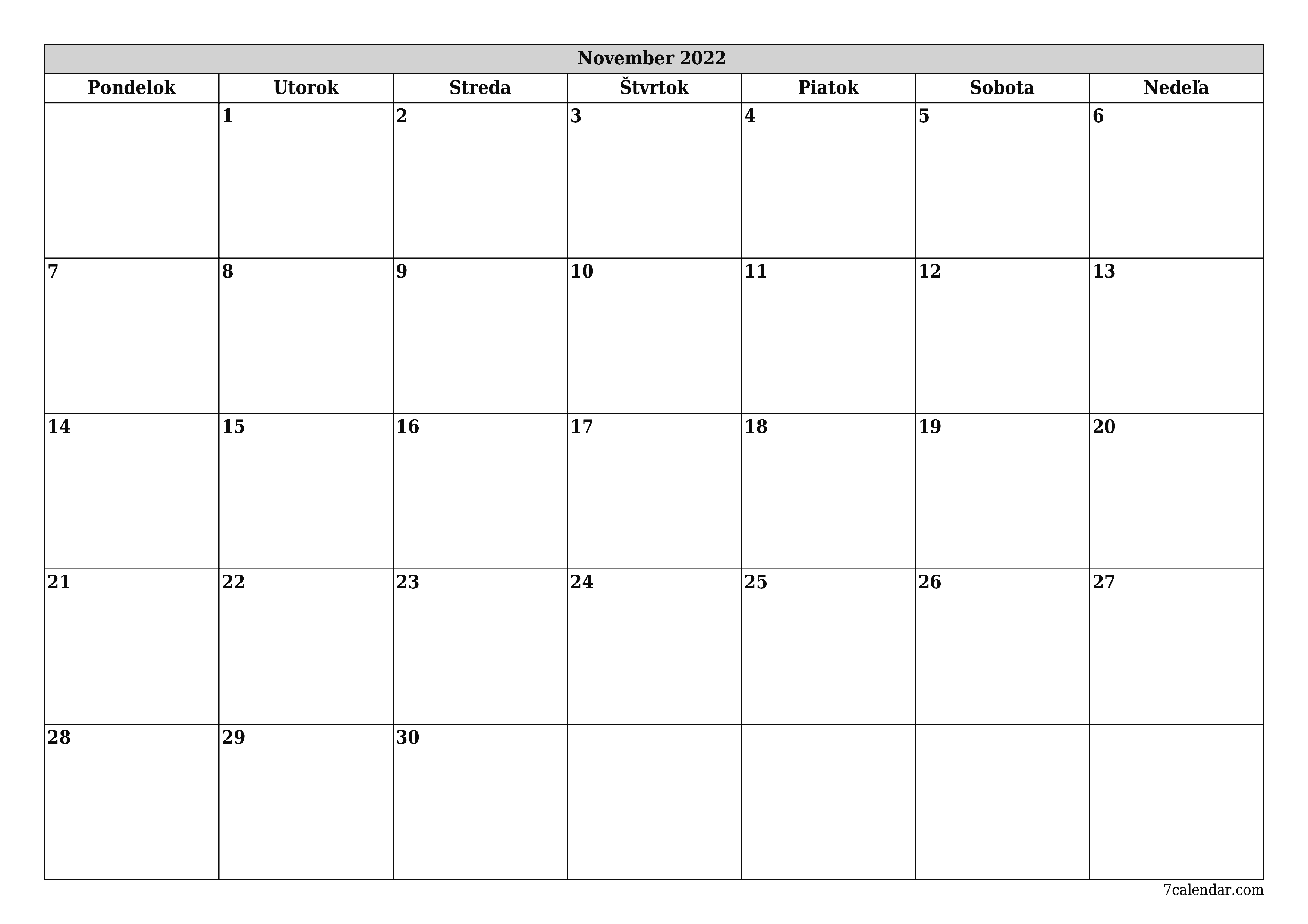 vytlačiteľný nástenný šablóna a bezplatný горизонтальный Mesačne plánovač kalendár November (Nov) 2022