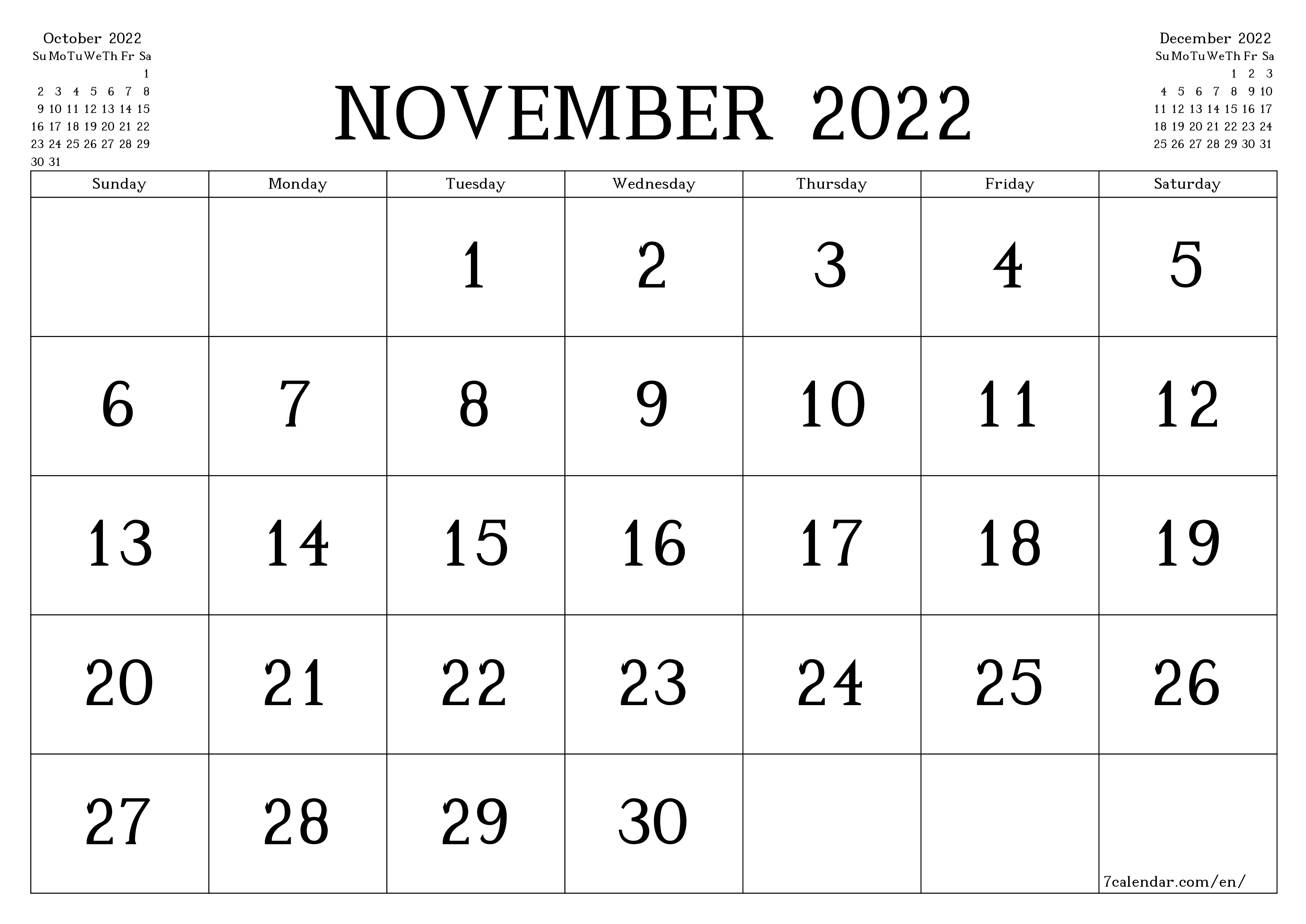 Blank monthly printable calendar and planner for month November 2022 with notes save and print to PDF PNG English