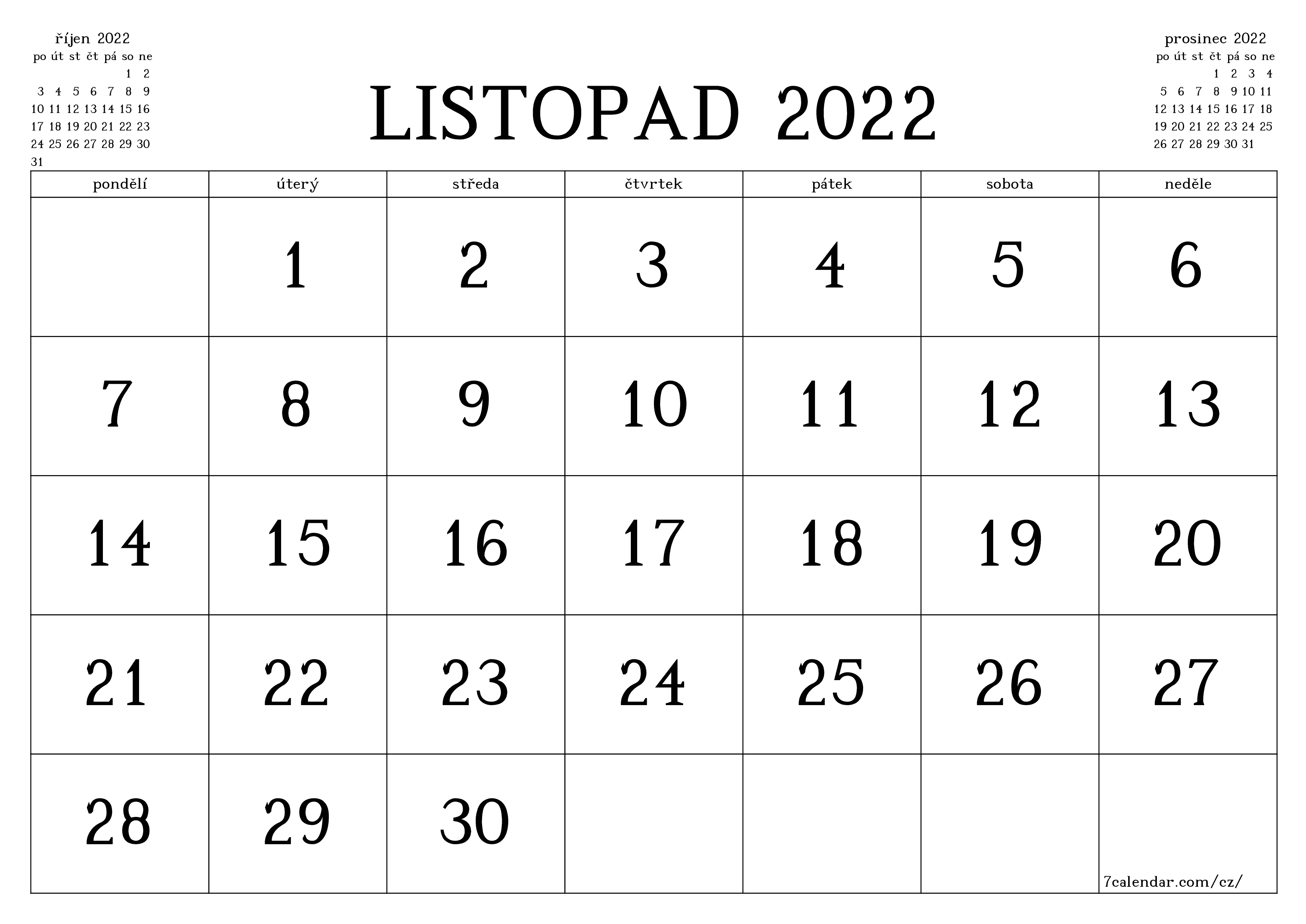  pro tisk nástěnný šablona e zdarmahorizontální Měsíční kalendář listopad (lis) 2022