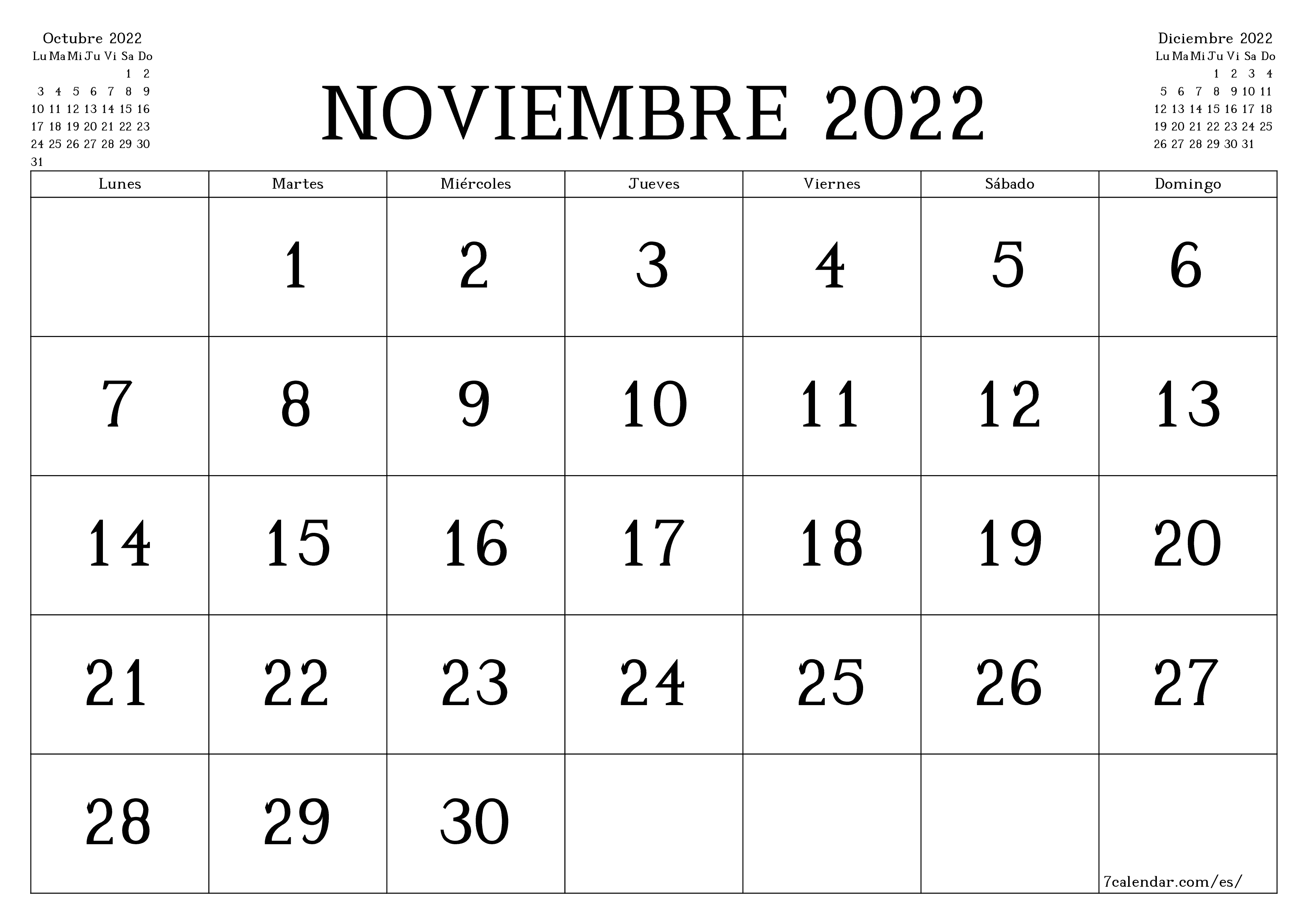Calendario mensual en blanco para el mes Noviembre 2022 guardar e imprimir en PDF PNG Spanish - 7calendar.com