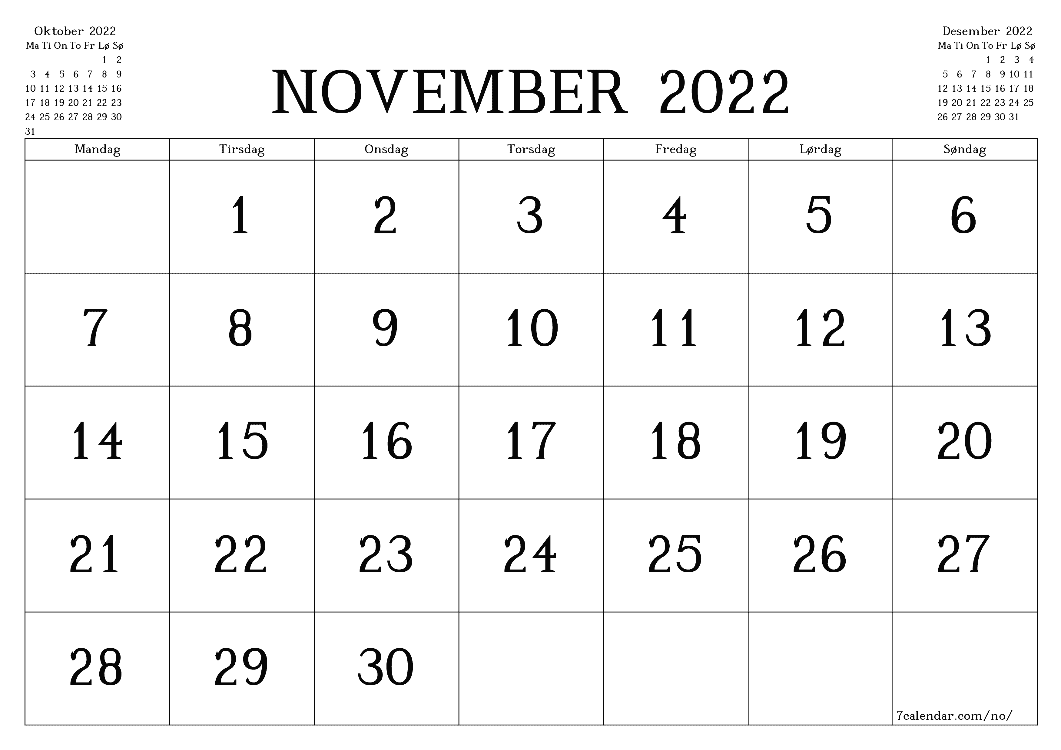 Tom månedlig planlegger for måned November 2022 med notater, lagre og skriv ut til PDF PNG Norwegian
