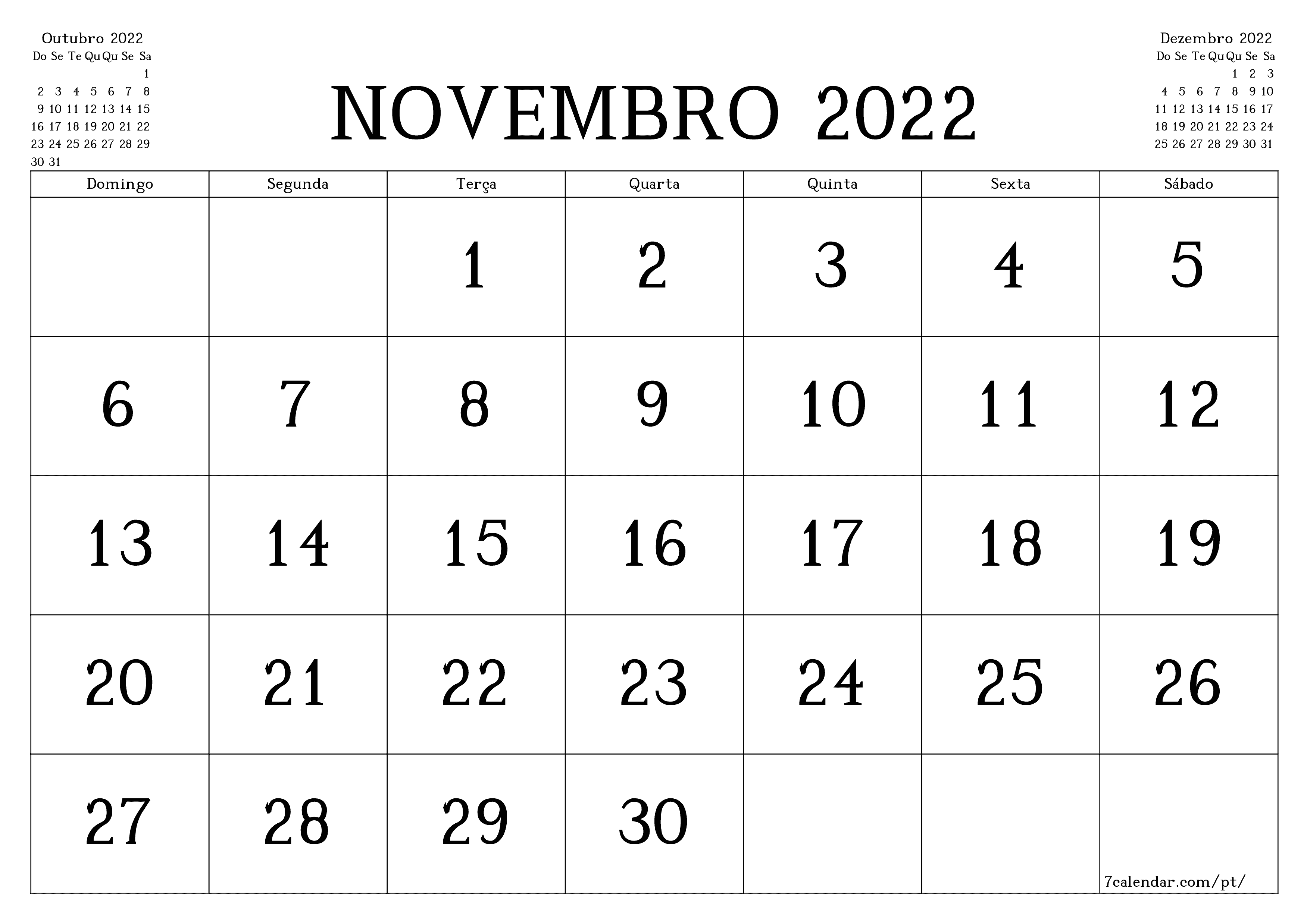 Esvazie o planejador mensal para o mês Novembro 2022 com notas, salve e imprima em PDF PNG Portuguese