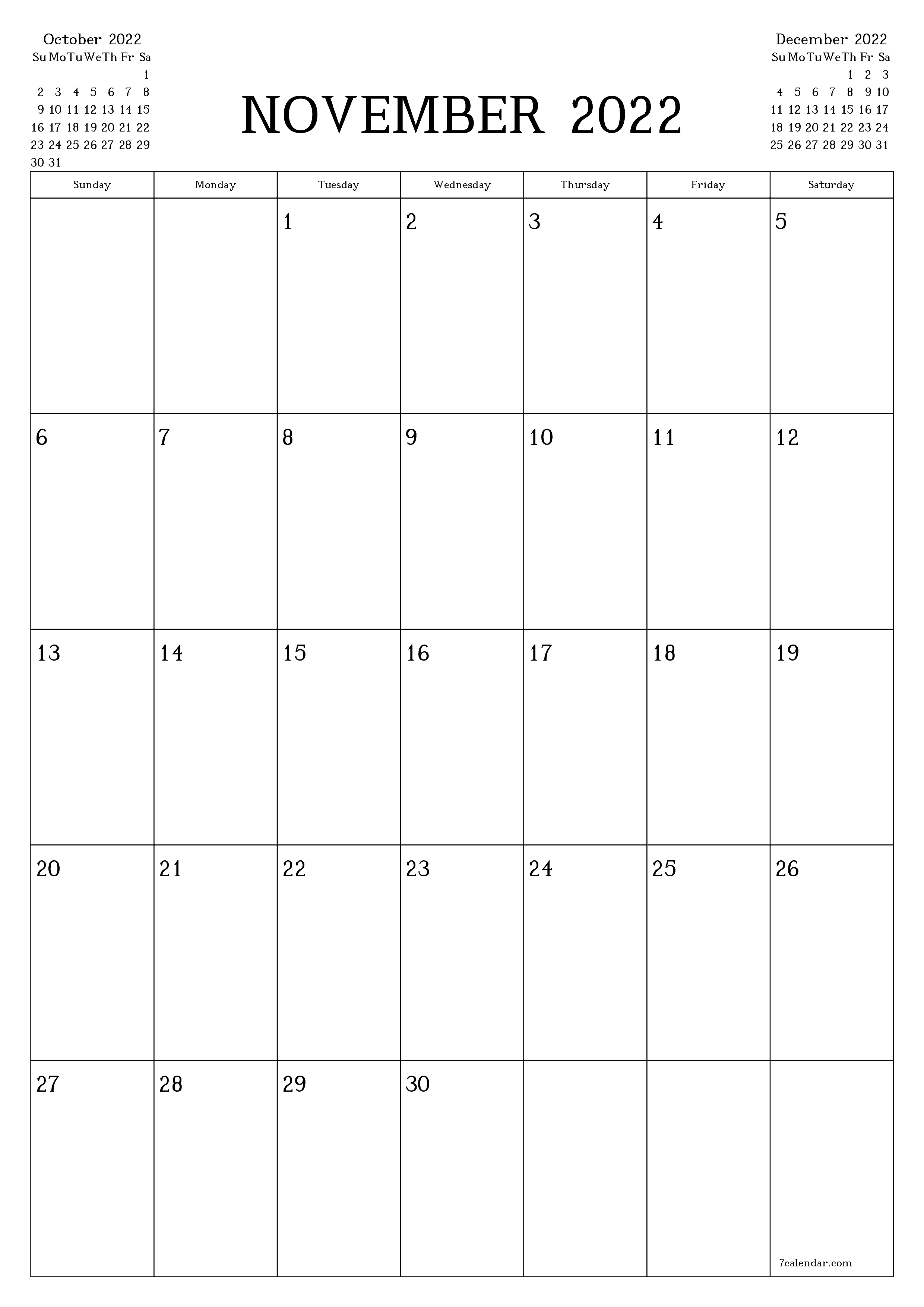 Blank monthly printable calendar and planner for month November 2022 with notes save and print to PDF PNG English - 7calendar.com