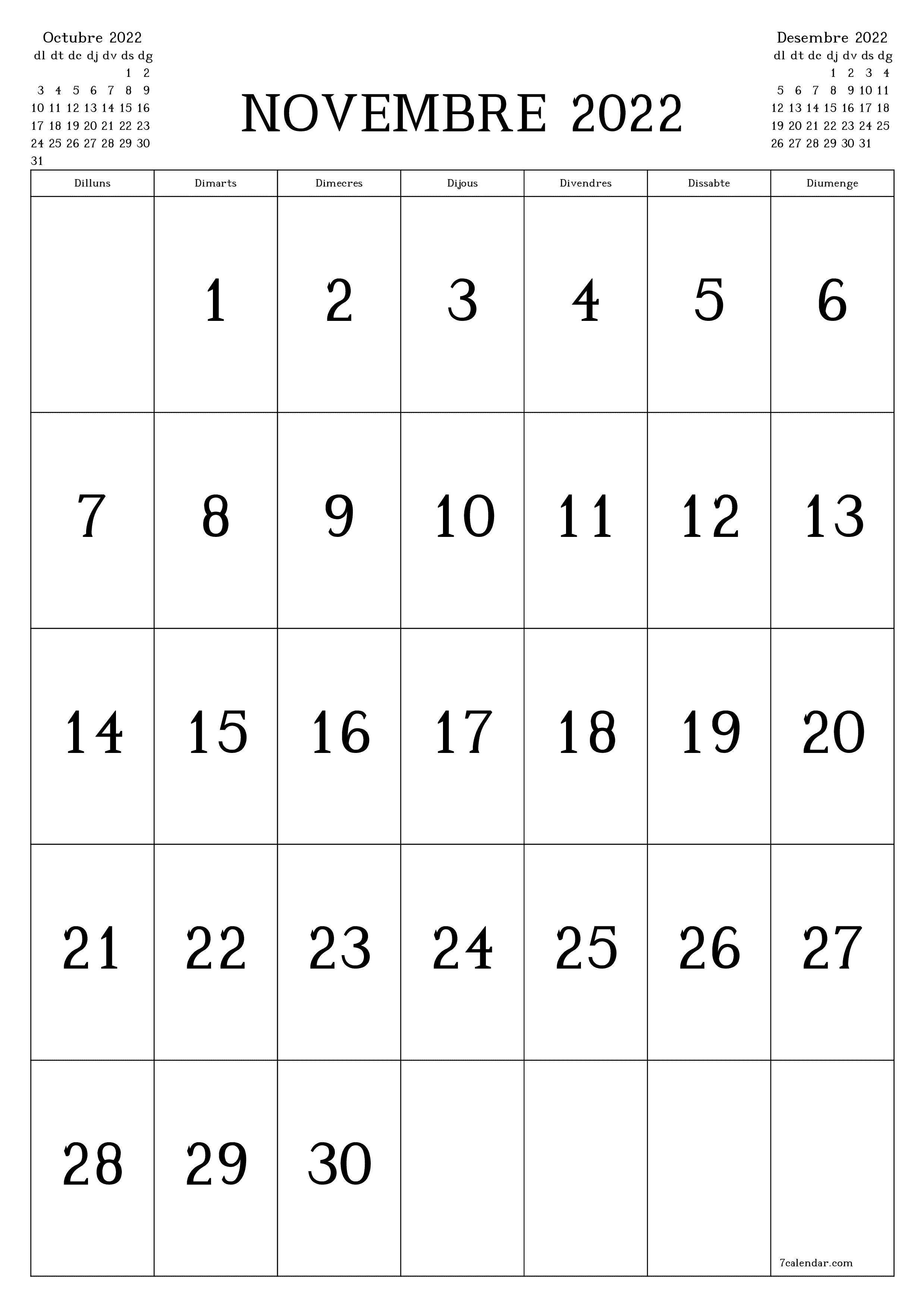  imprimible de paret plantilla de gratuïtvertical Mensual calendari Novembre (Nov) 2022