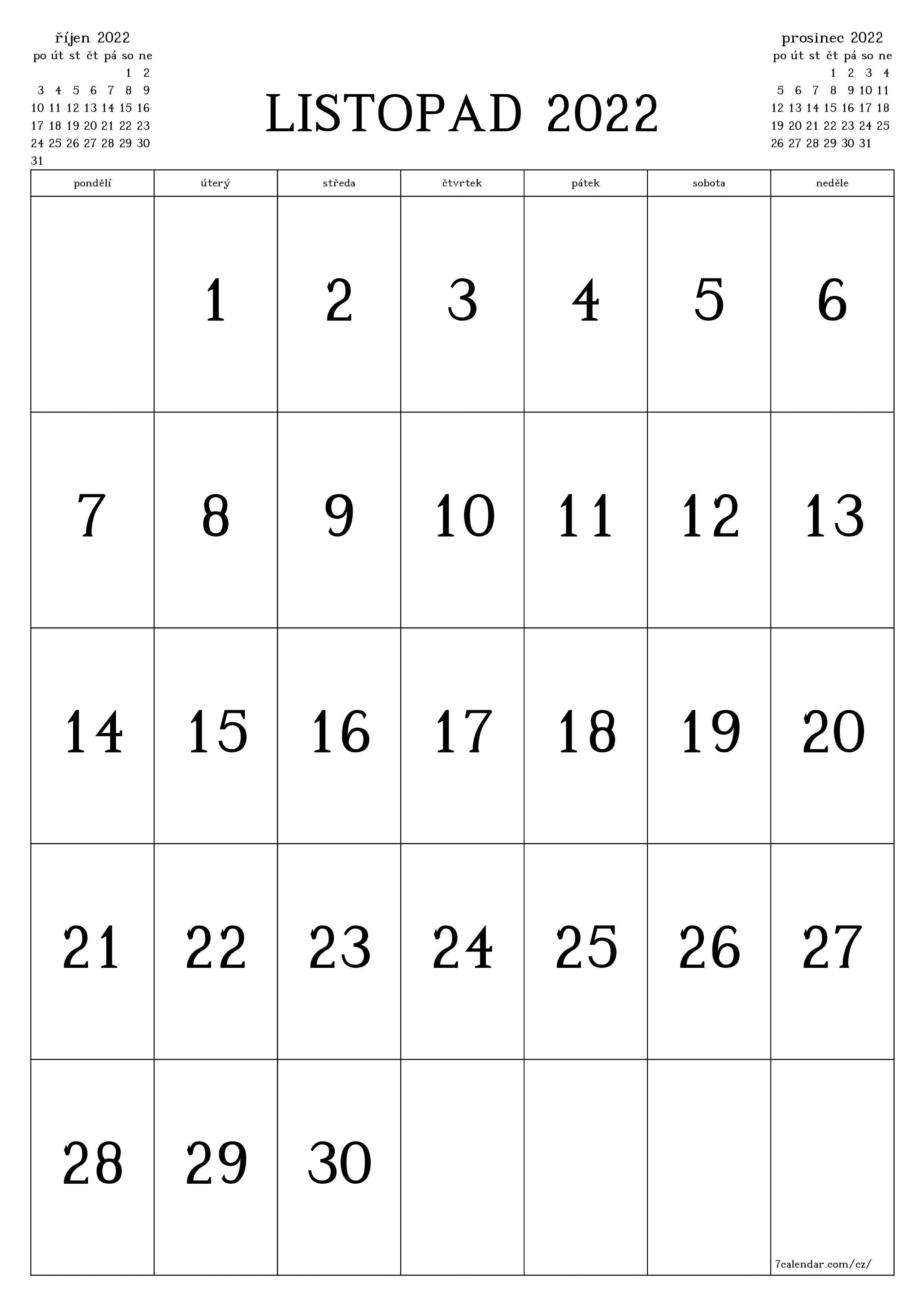  pro tisk nástěnný šablona e zdarmavertikální Měsíční kalendář listopad (lis) 2022