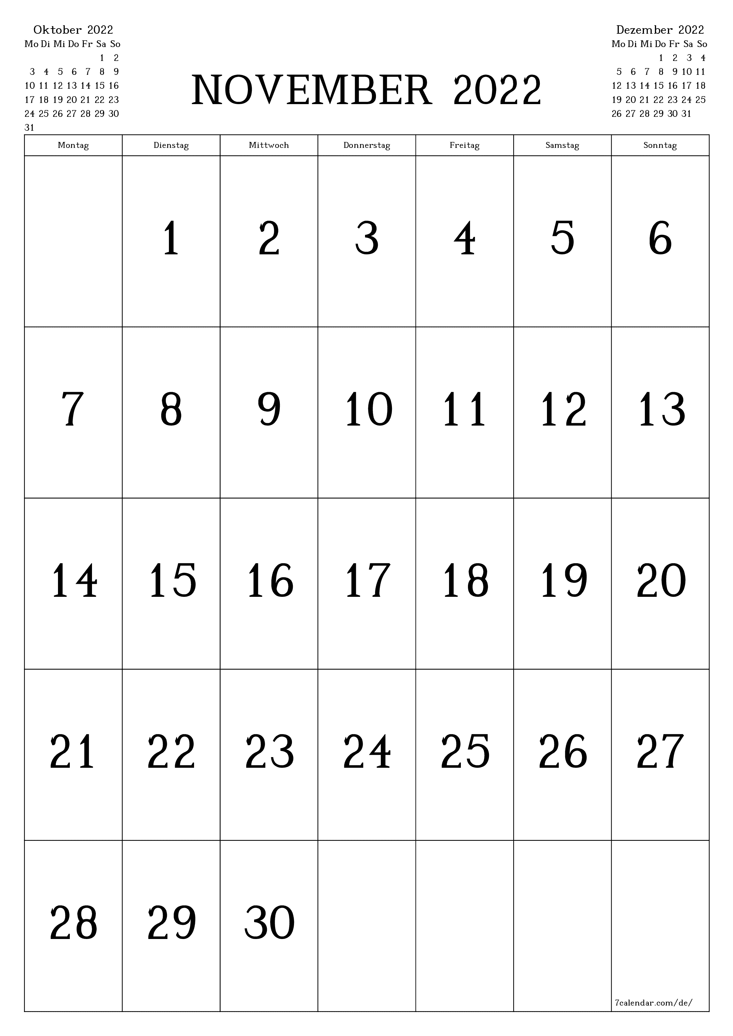  zum Ausdrucken Wandkalender vorlage kostenloser vertikal Monatlich Kalender November (Nov) 2022