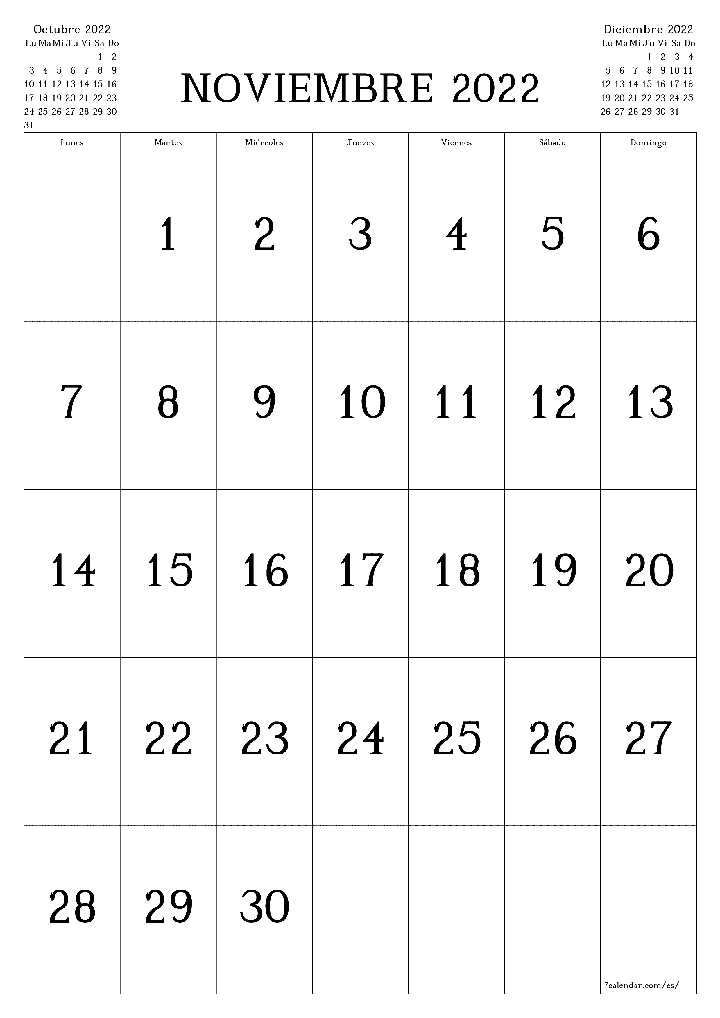 Calendario mensual en blanco para el mes Noviembre 2022 guardar e imprimir en PDF PNG Spanish - 7calendar.com