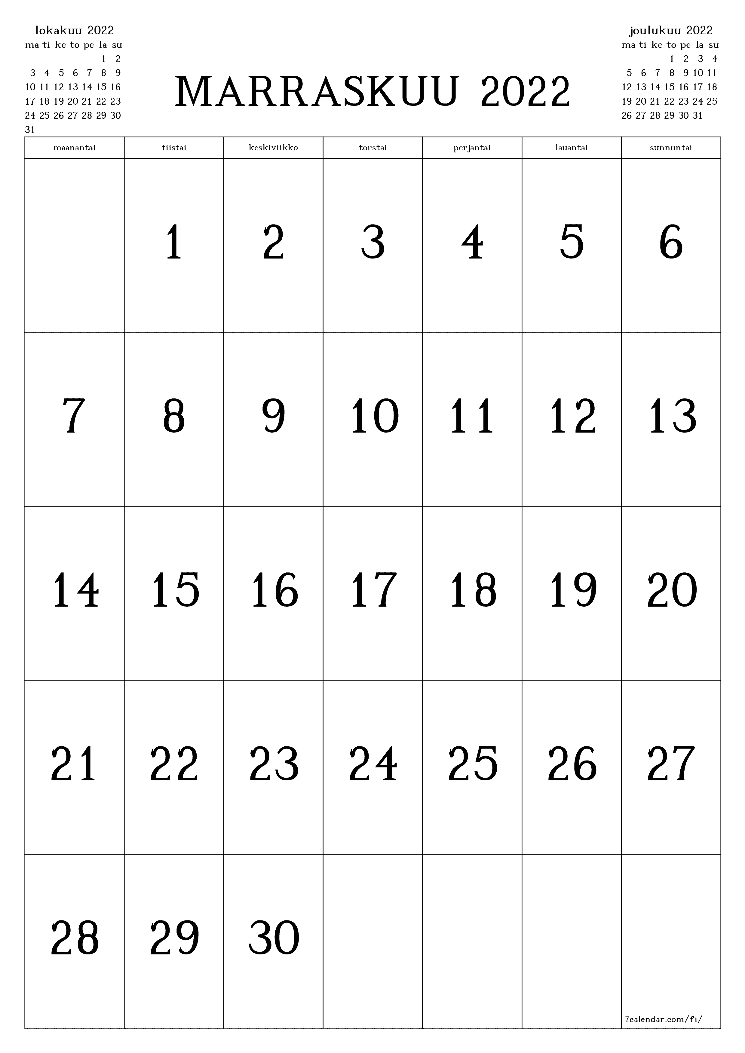 tulostettava seinä n malli ilmainen pystysuora Kuukausittainen kalenteri marraskuu (marras) 2022