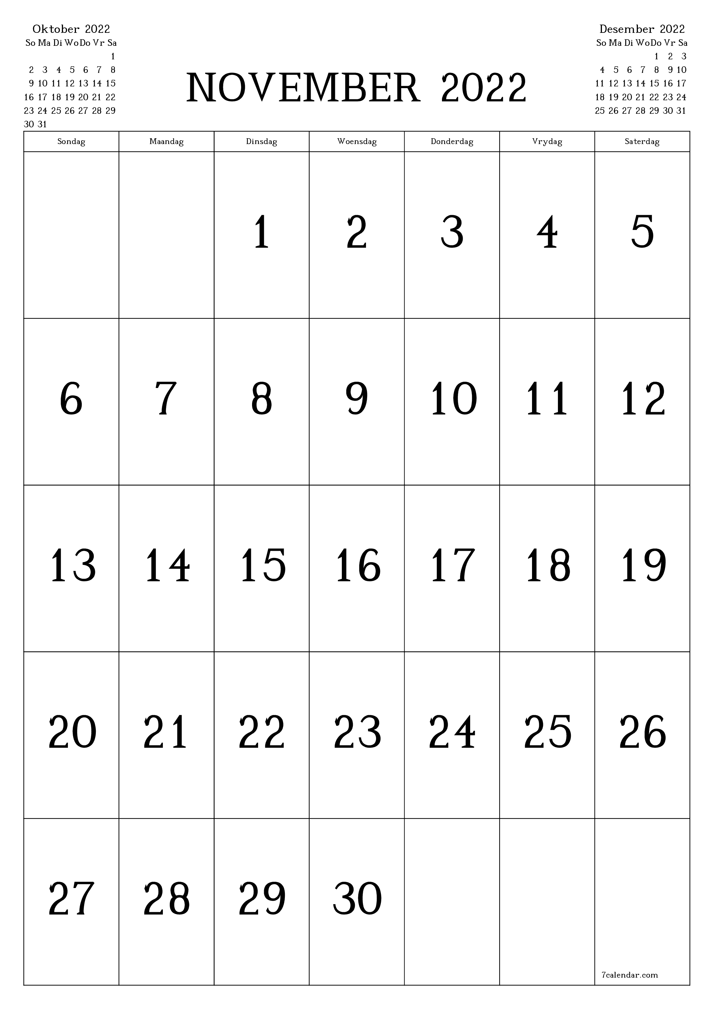 Leë maandelikse drukbare kalender en beplanner vir maand November 2022 met notas stoor en druk na PDF PNG Afrikaans