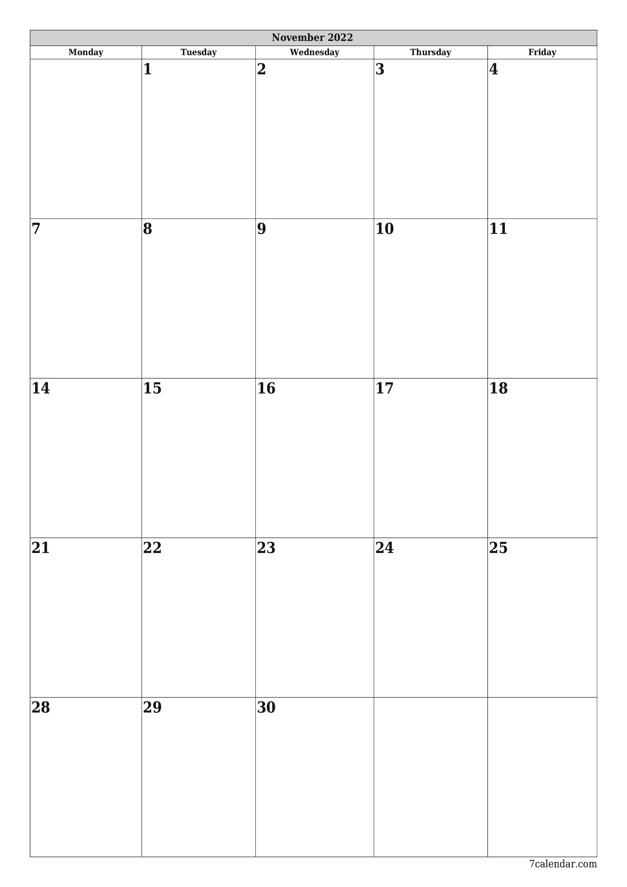 printable wall template free vertical Monthly planner calendar November (Nov) 2022
