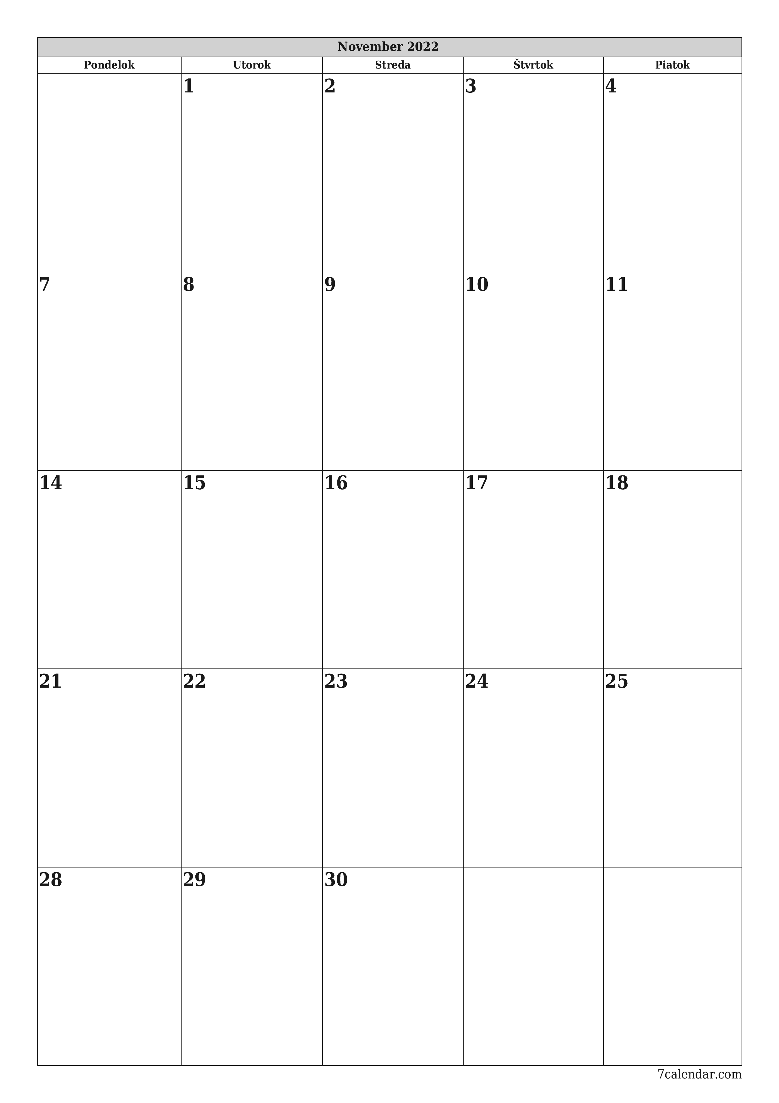 vytlačiteľný nástenný šablóna a bezplatný вертикальный Mesačne plánovač kalendár November (Nov) 2022