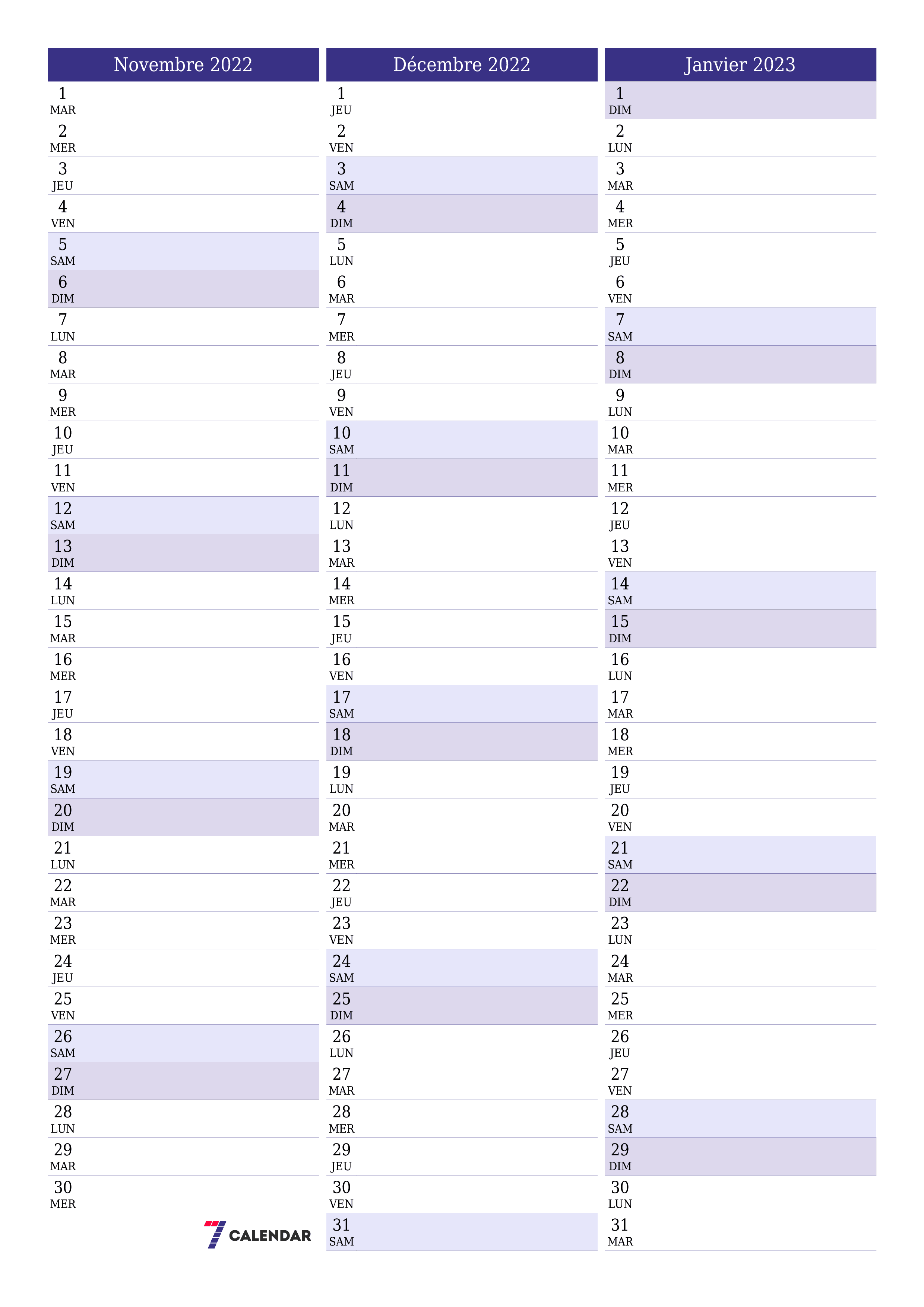 Agenda mensuel vide pour le mois Novembre 2022 avec notes, enregistrez et imprimez au format PDF PNG French