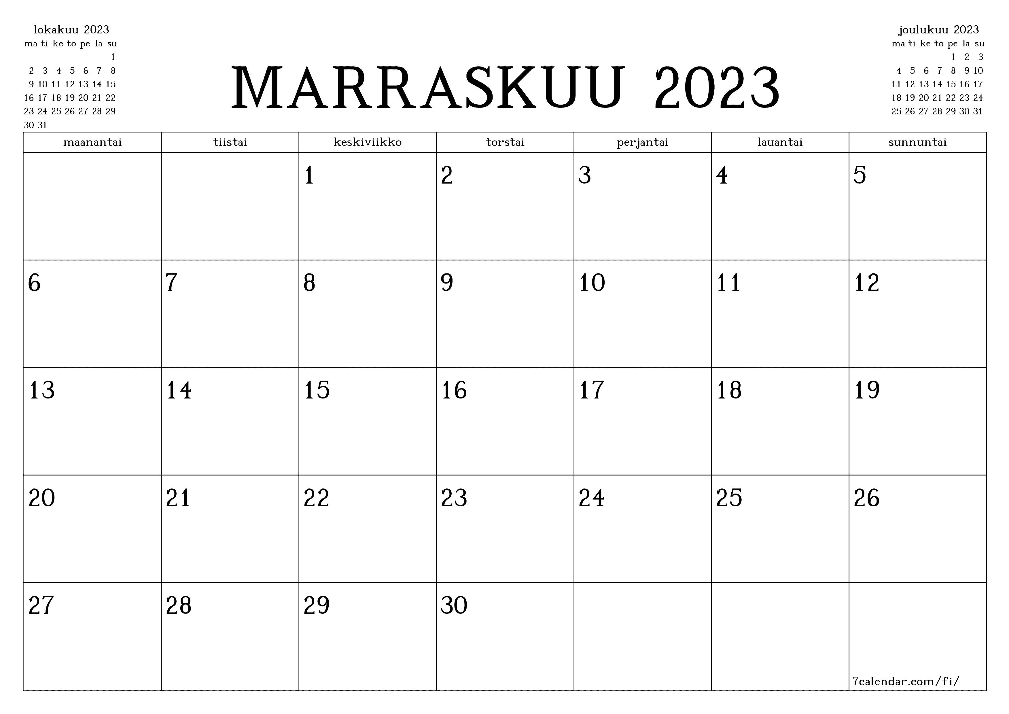 Tyhjennä kuukausittainen suunnittelija kuukaudelle Marraskuu 2023 muistiinpanoilla, tallenna ja tulosta PDF-muotoon PNG Finnish