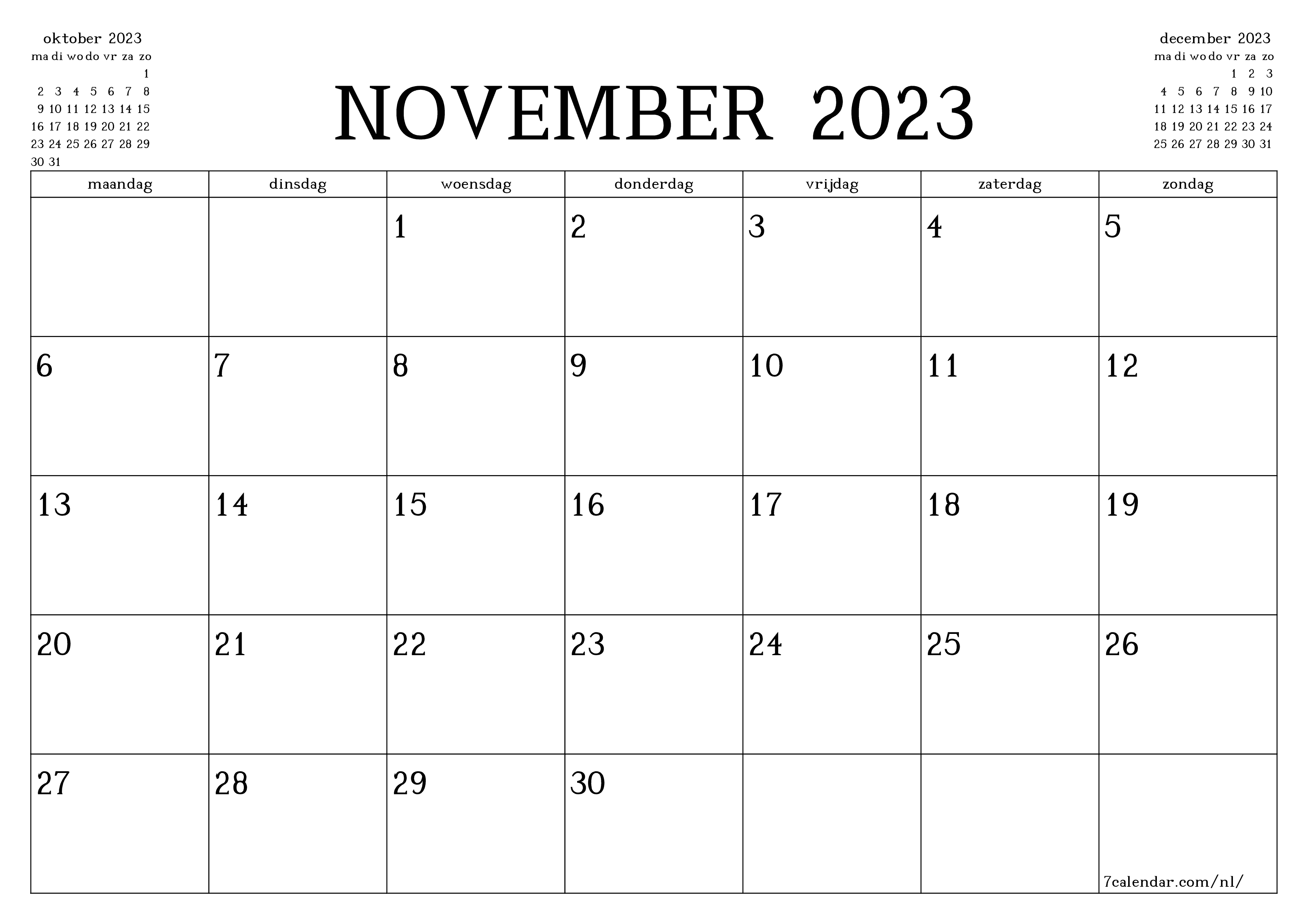 Lege maandplanner voor maand november 2023 met notities, opslaan en afdrukken naar pdf PNG Dutch