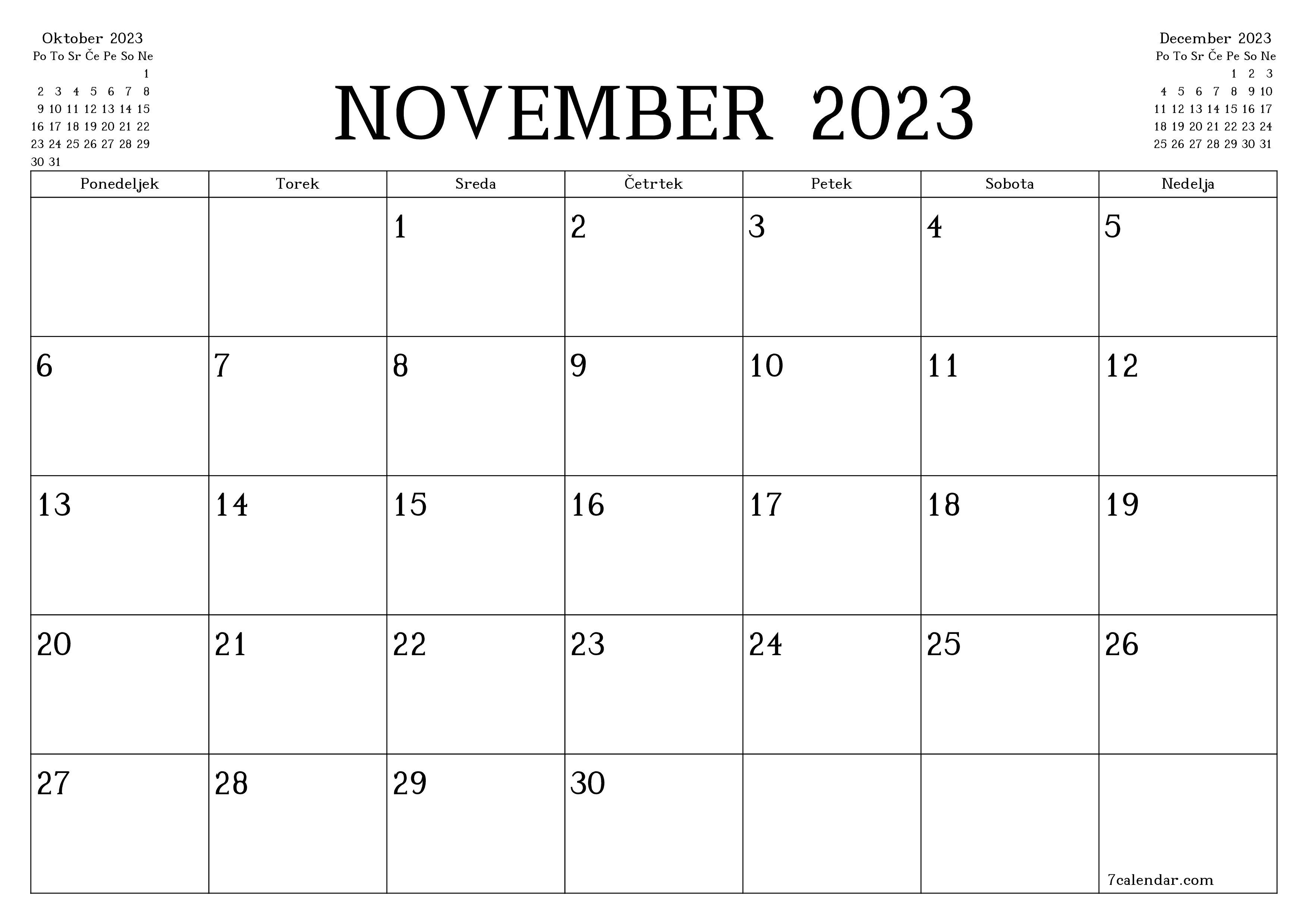 Prazen mesečni načrtovalec koledarja za mesec November 2023 z opombami, natisnjenimi v PDF PNG Slovenian