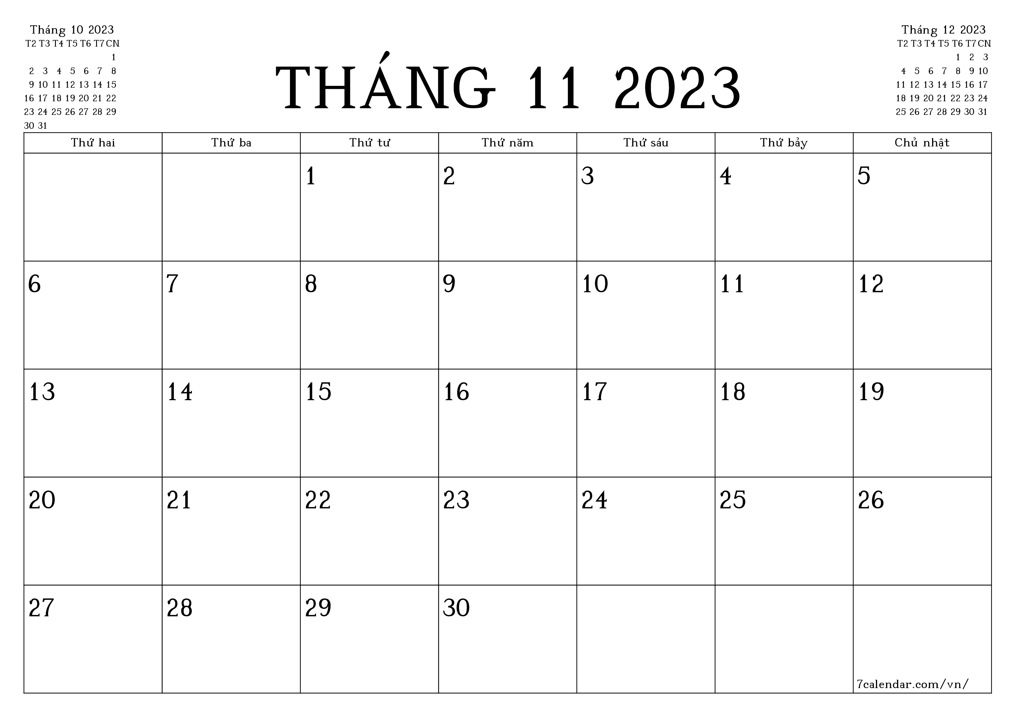 Công cụ lập kế hoạch hàng tháng trống cho tháng Tháng 11 2023 có ghi chú, lưu và in sang PDF PNG Vietnamese